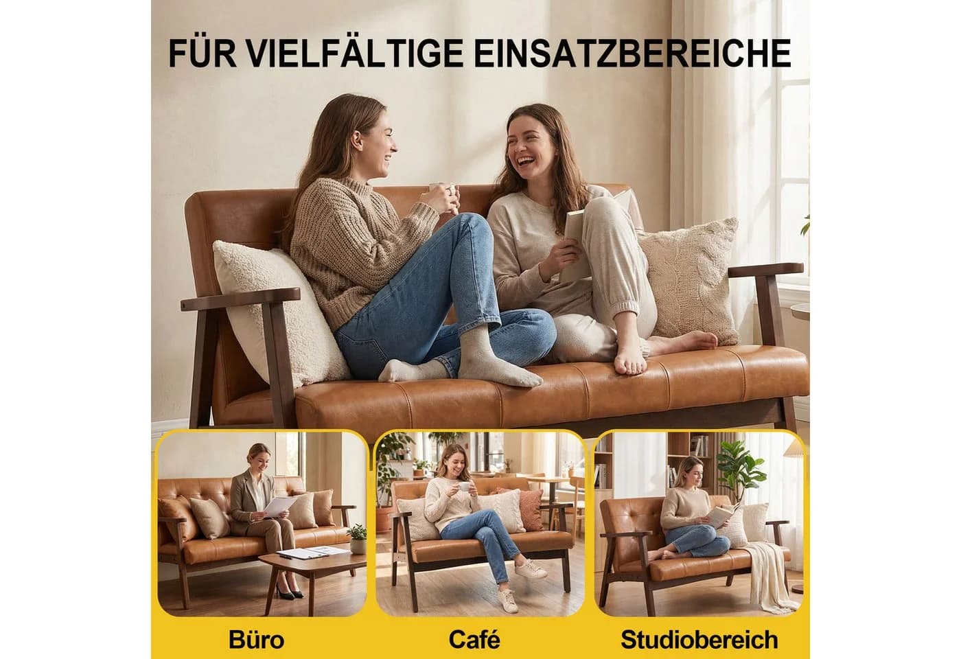 HomeMiYN Ohrensessel 2-Sitzer PU-Leder Karamell - Bild 4