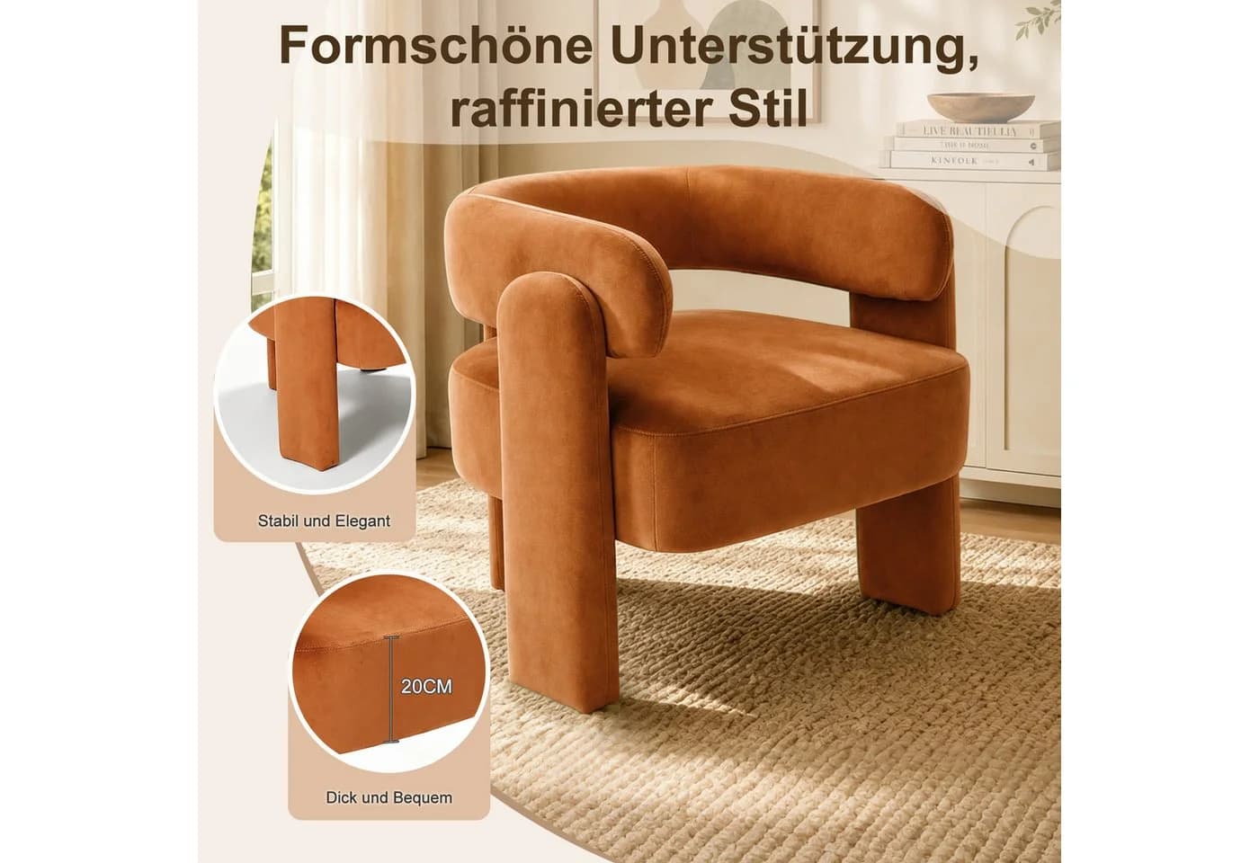 HomeMiYN Ohrensessel Bequemer Samtsessel Orange für Wohnzimmer Schlafzimmer - Bild 3