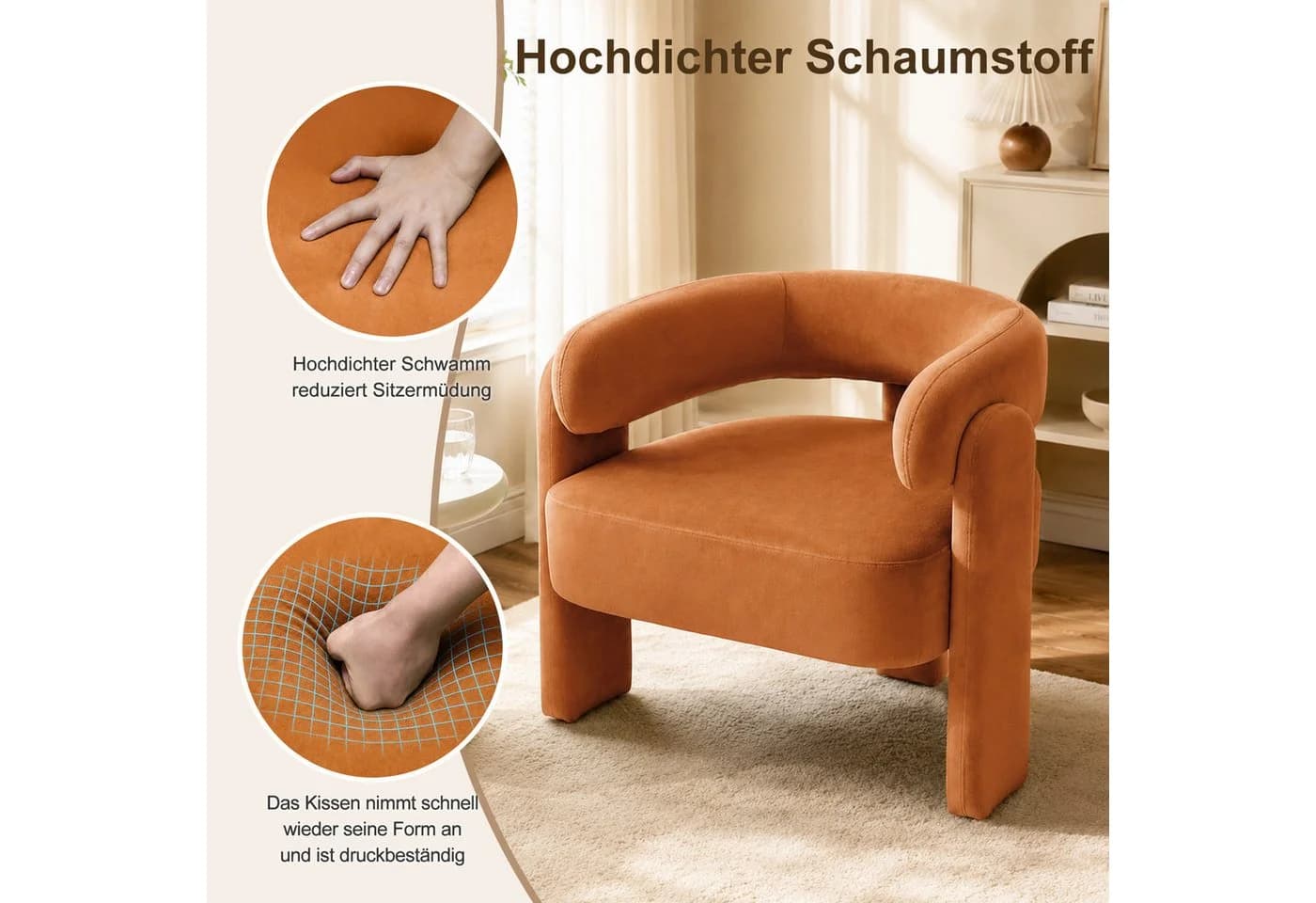 HomeMiYN Ohrensessel Bequemer Samtsessel Orange für Wohnzimmer Schlafzimmer - Bild 5
