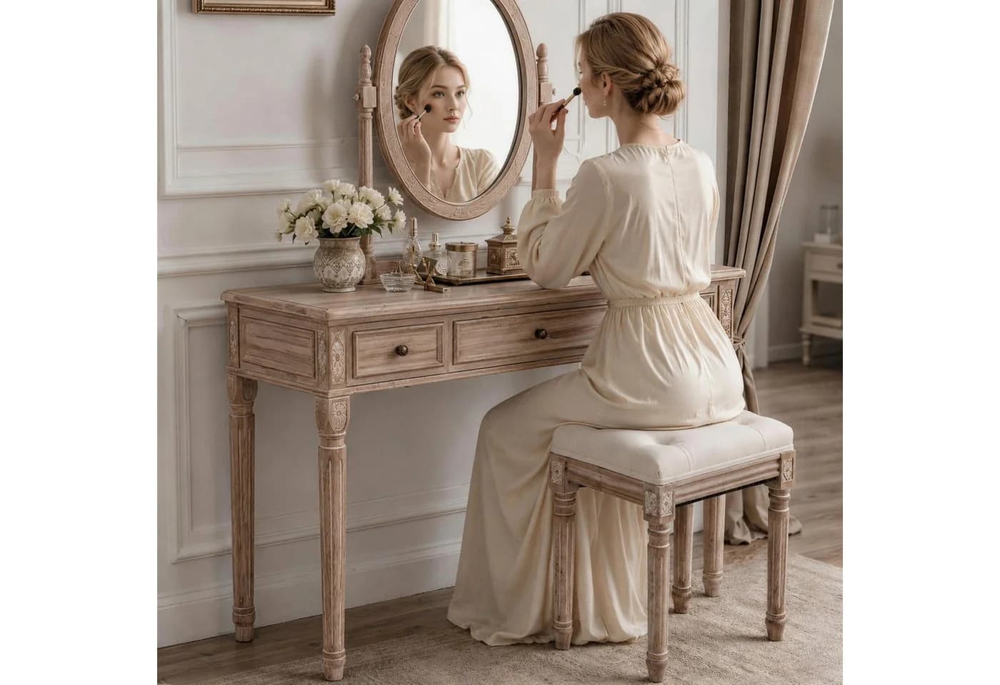 HomeMiYN Sitzhocker Schminkhocker Beige Leinen Holz