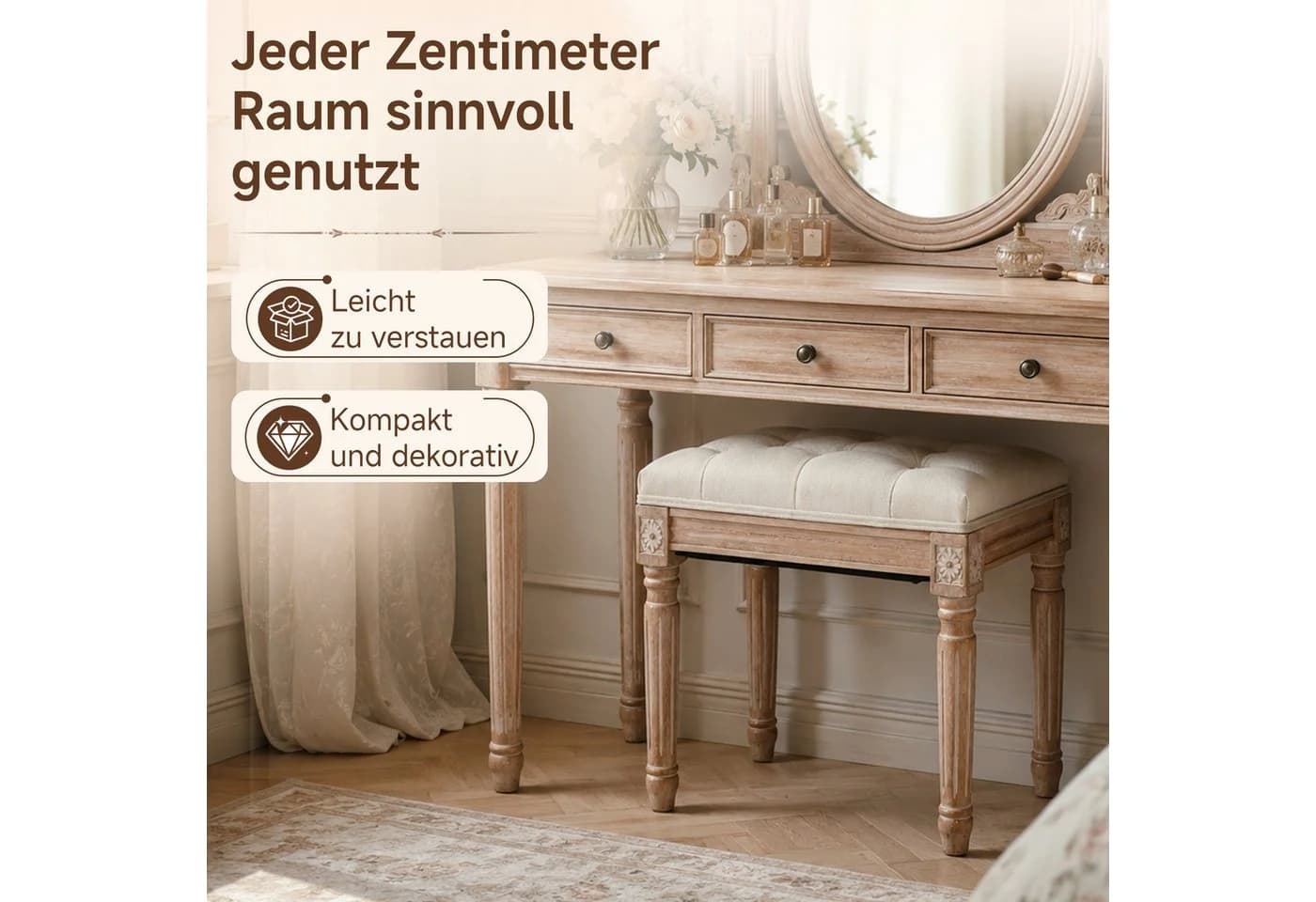 HomeMiYN Sitzhocker Schminkhocker Beige Leinen Holz - Bild 3