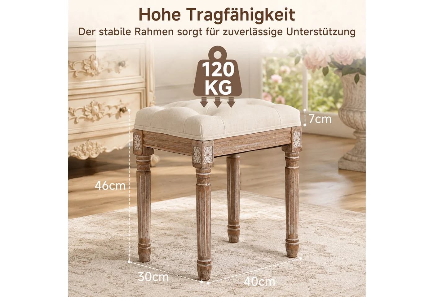 HomeMiYN Sitzhocker Schminkhocker Beige Leinen Holz - Bild 4