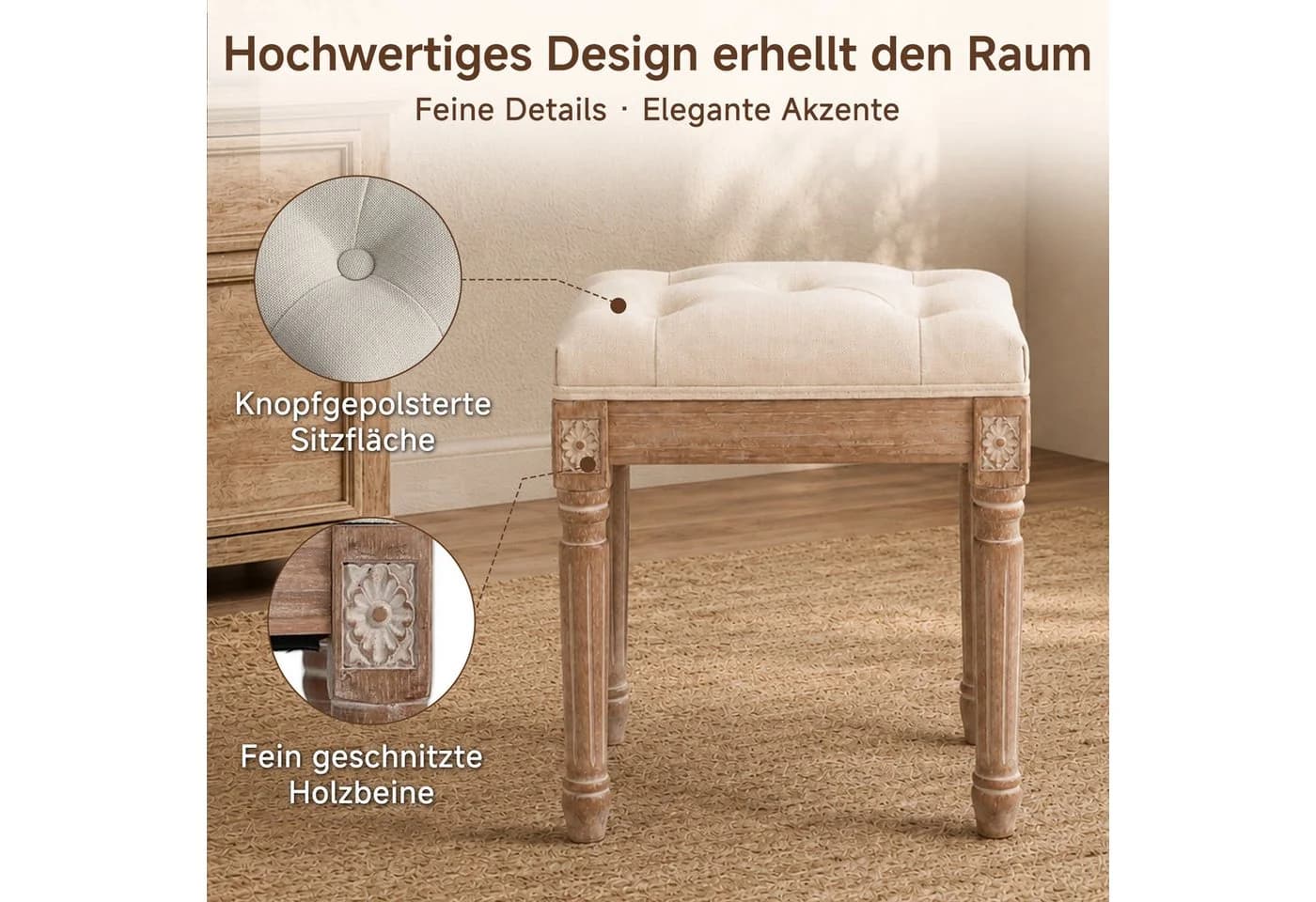 HomeMiYN Sitzhocker Schminkhocker Beige Leinen Holz - Bild 5