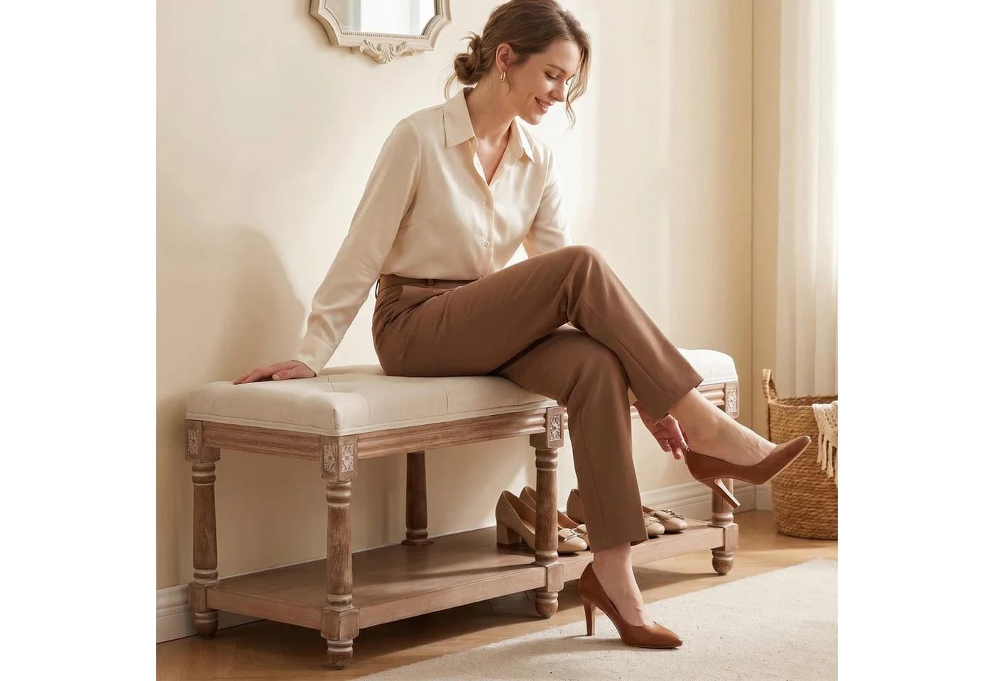 HomeMiYN Sitzbank Leinenoptik Beige Stauraum Massivholz