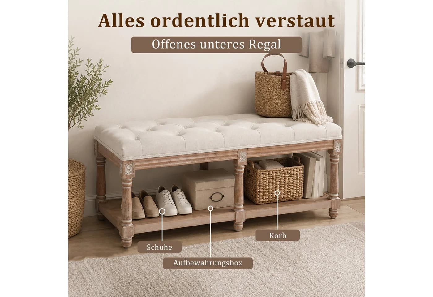 HomeMiYN Sitzbank Leinenoptik Beige Stauraum Massivholz - Bild 3