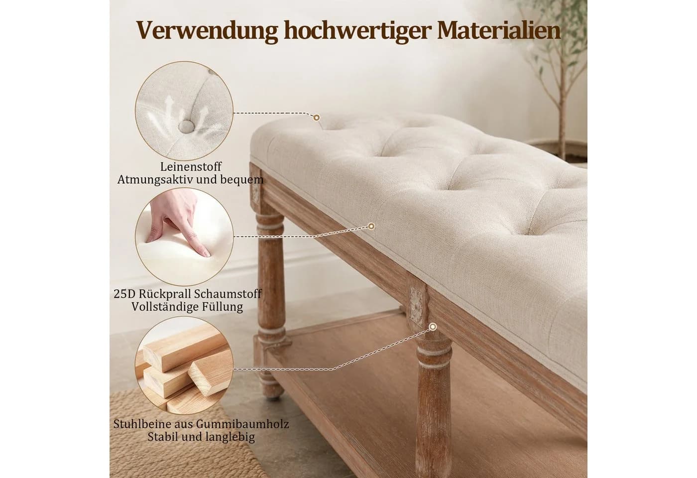 HomeMiYN Sitzbank Leinenoptik Beige Stauraum Massivholz - Bild 4