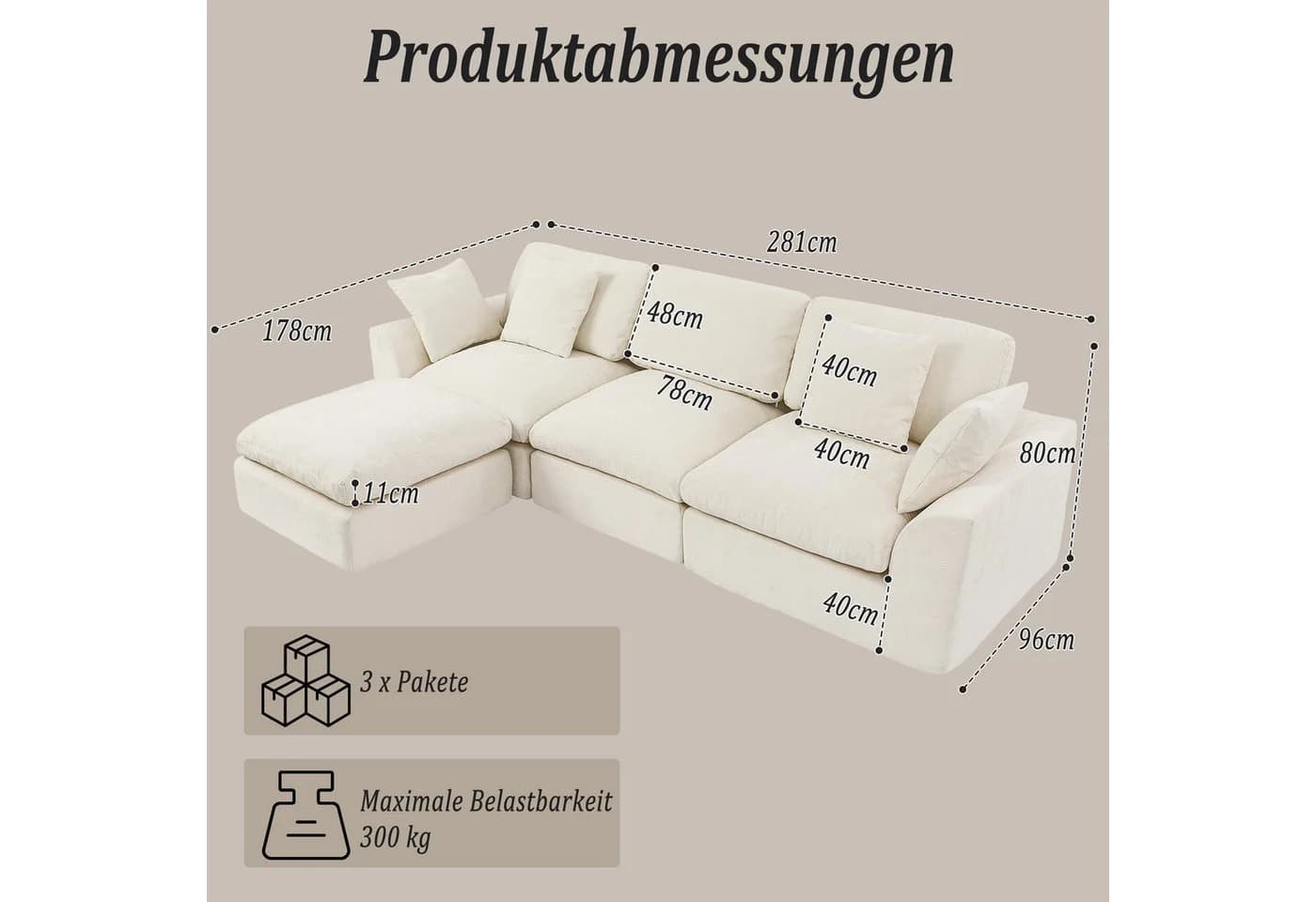 HomeMiYN Ecksofa 280cm L-Form Chenille 3-4 Sitzer Modular Couch für Wohnzimmer