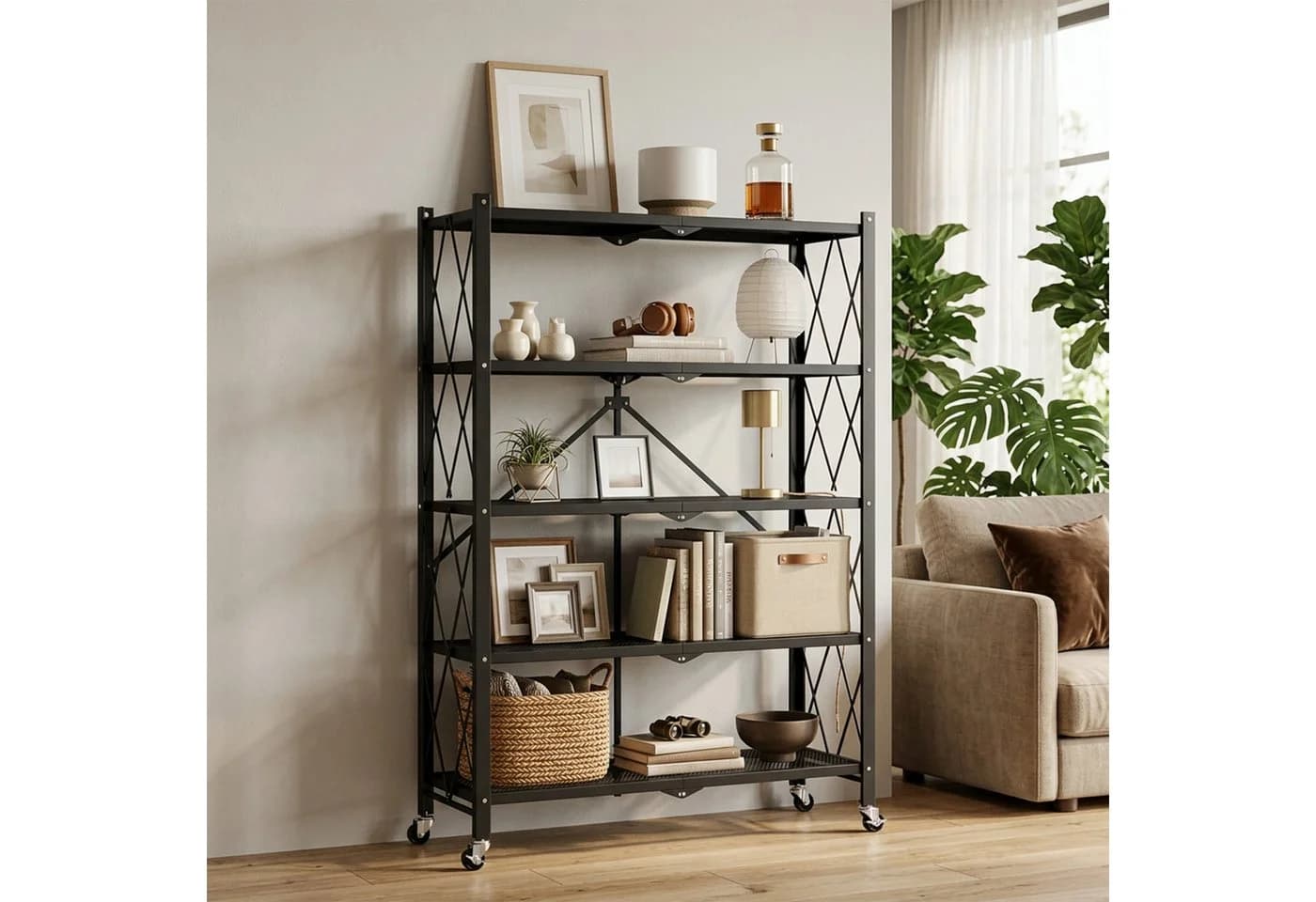 HomeMiYN Mehrzweckregal Klappregal mit Rollen Bücher Küchenregal Platzsparend Retro-Braun - Bild 2
