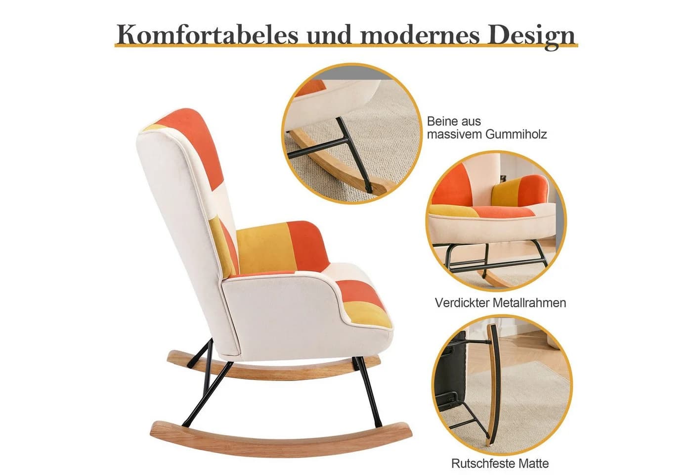 HomeMiYN Schaukelstuhl Wohnzimmer Samt Metallgestell Holzsockel Bunt - Bild 3