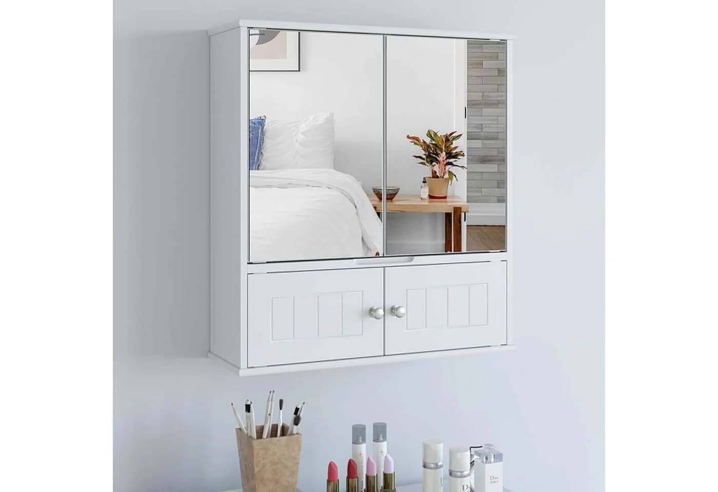 HOMECHO Badezimmerspiegelschrank Weiß Hängeschrank mit Ablage - Bild 2