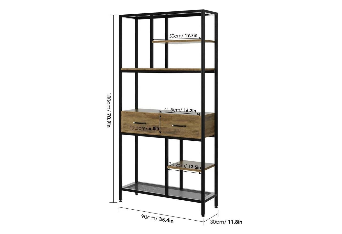 HOMECHO Bücherregal Standregal mit Schubladen und Ablagen stabil 90x30x180cm