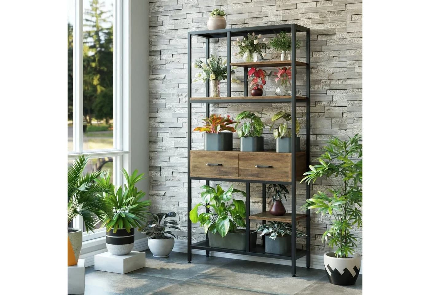 HOMECHO Bücherregal Standregal mit Schubladen und Ablagen stabil 90x30x180cm - Bild 2
