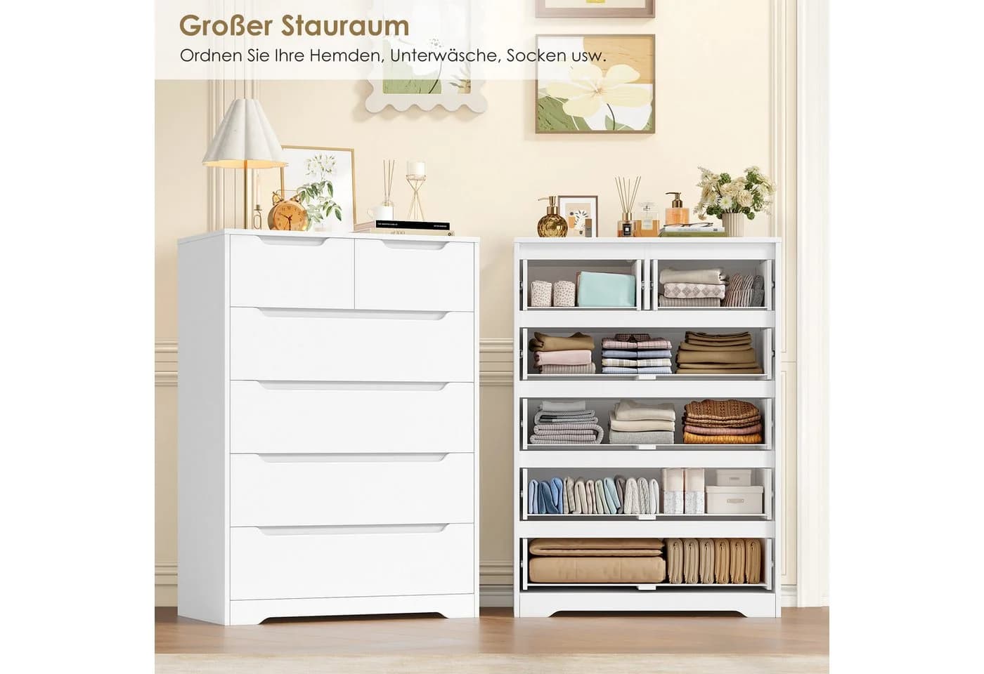 HOMECHO Kommode mit 6 Schubladen Sideboard Highboard Weiß