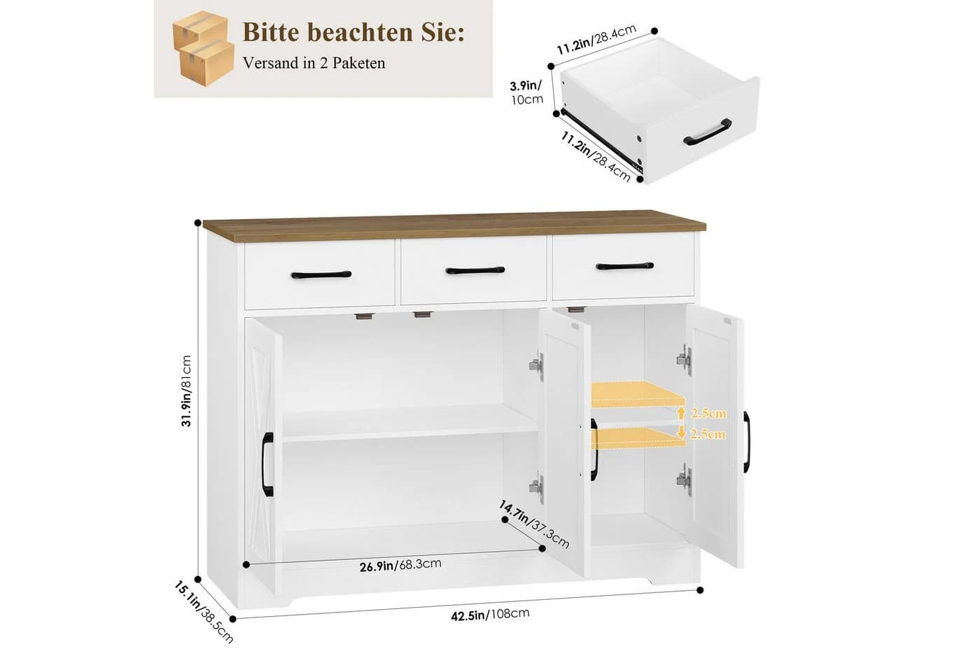 HOMECHO Sideboard Küchenschrank 3 Schubladen 3 Türen Weiß