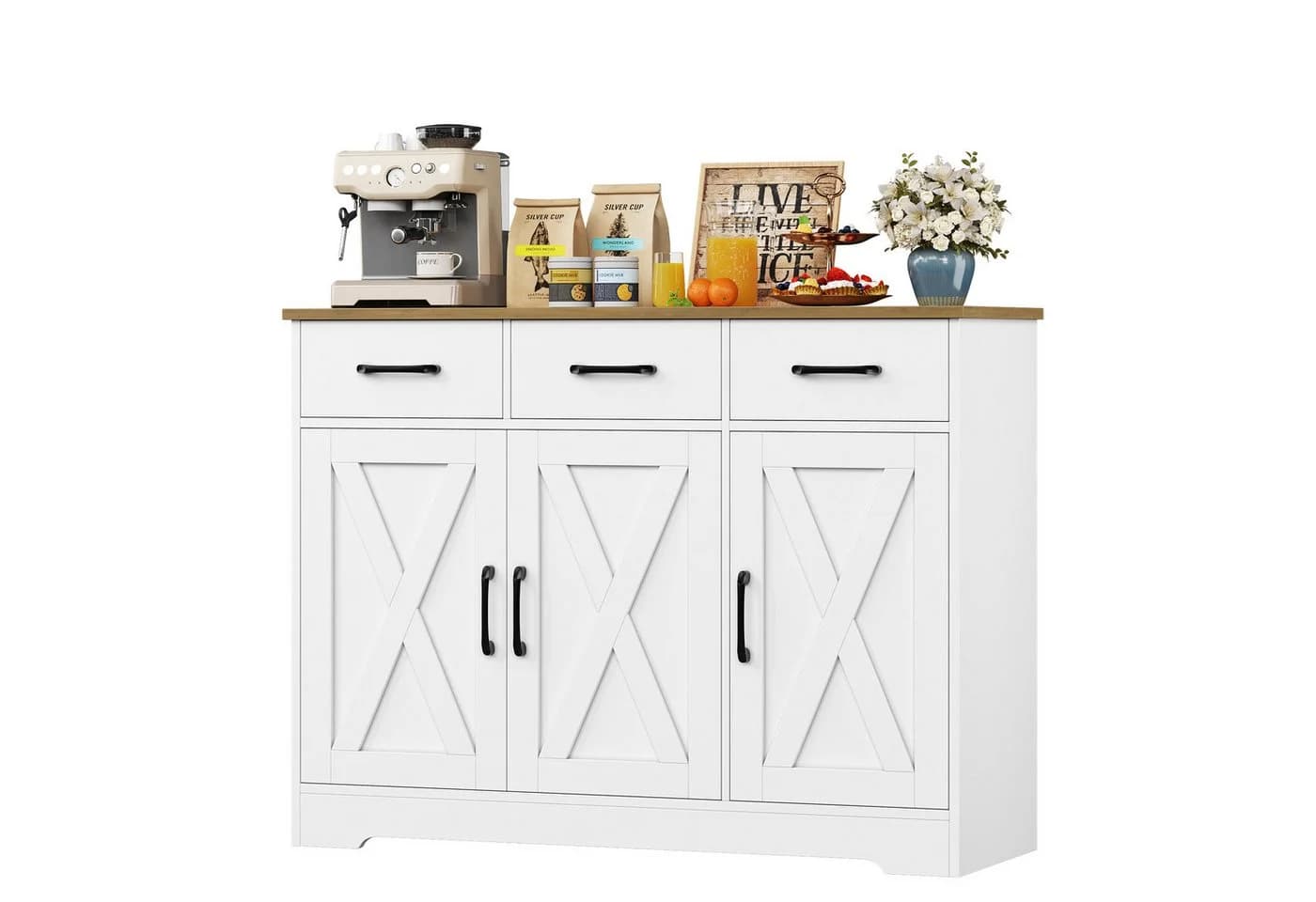 HOMECHO Sideboard Küchenschrank 3 Schubladen 3 Türen Weiß - Bild 2