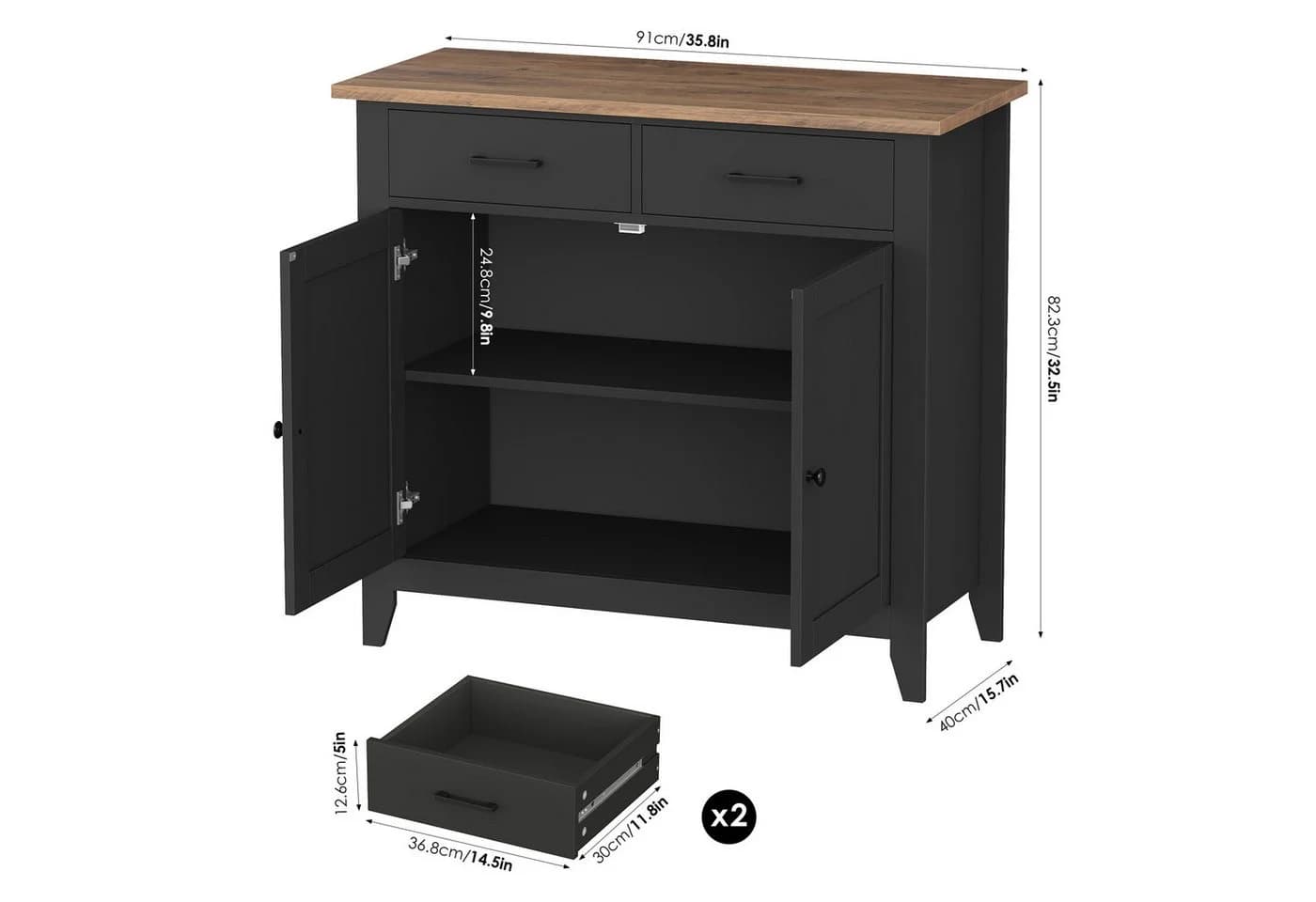 HOMECHO Sideboard Küchenschrank mit Arbeitsplatte 2 Schubladen Schwarz