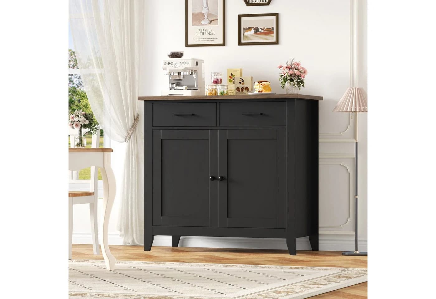 HOMECHO Sideboard Küchenschrank mit Arbeitsplatte 2 Schubladen Schwarz - Bild 2