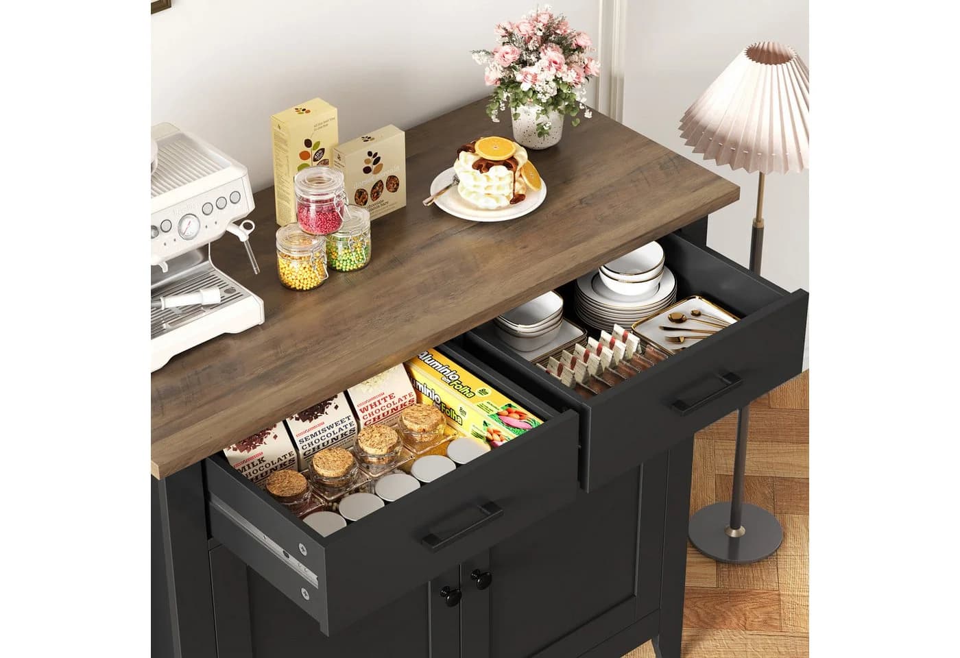 HOMECHO Sideboard Küchenschrank mit Arbeitsplatte 2 Schubladen Schwarz - Bild 3