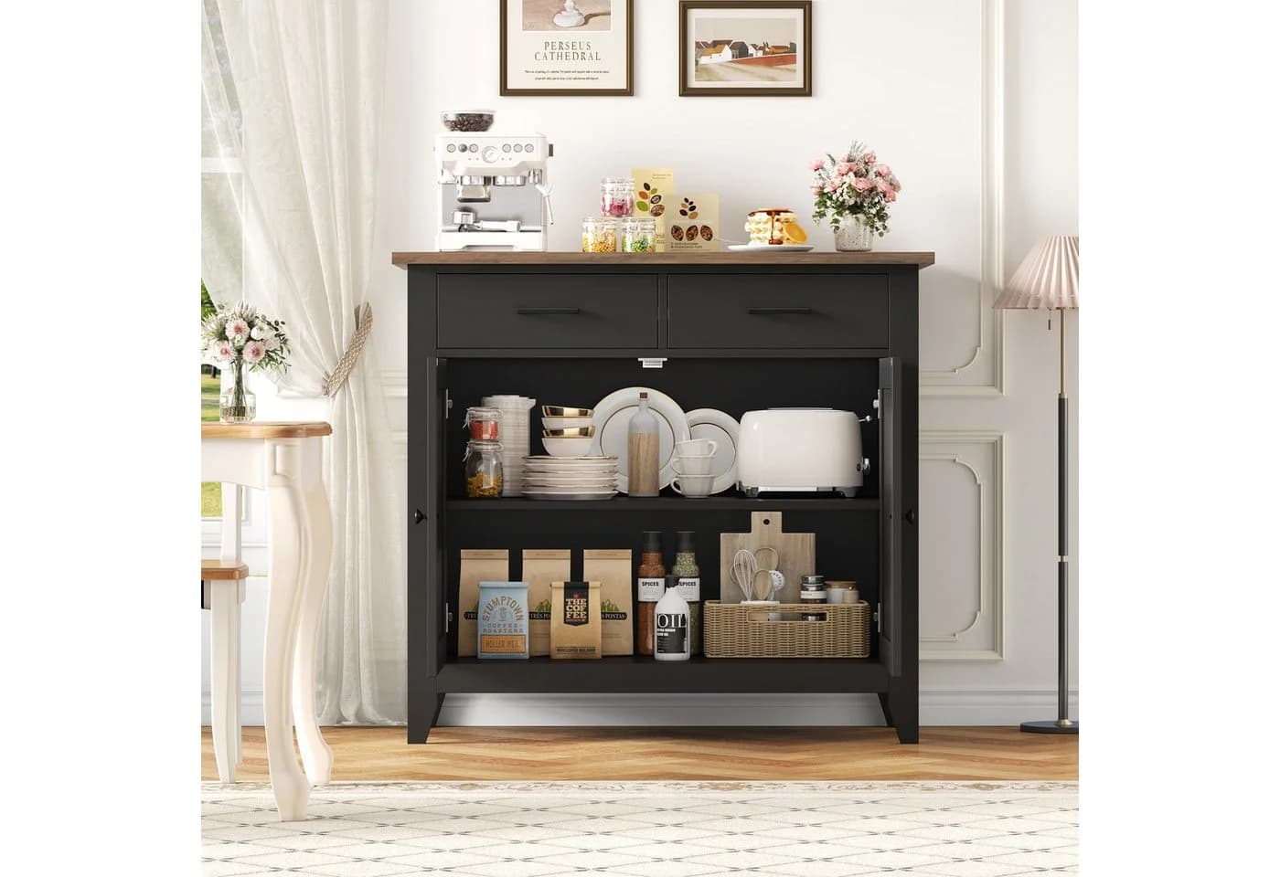 HOMECHO Sideboard Küchenschrank mit Arbeitsplatte 2 Schubladen Schwarz - Bild 4