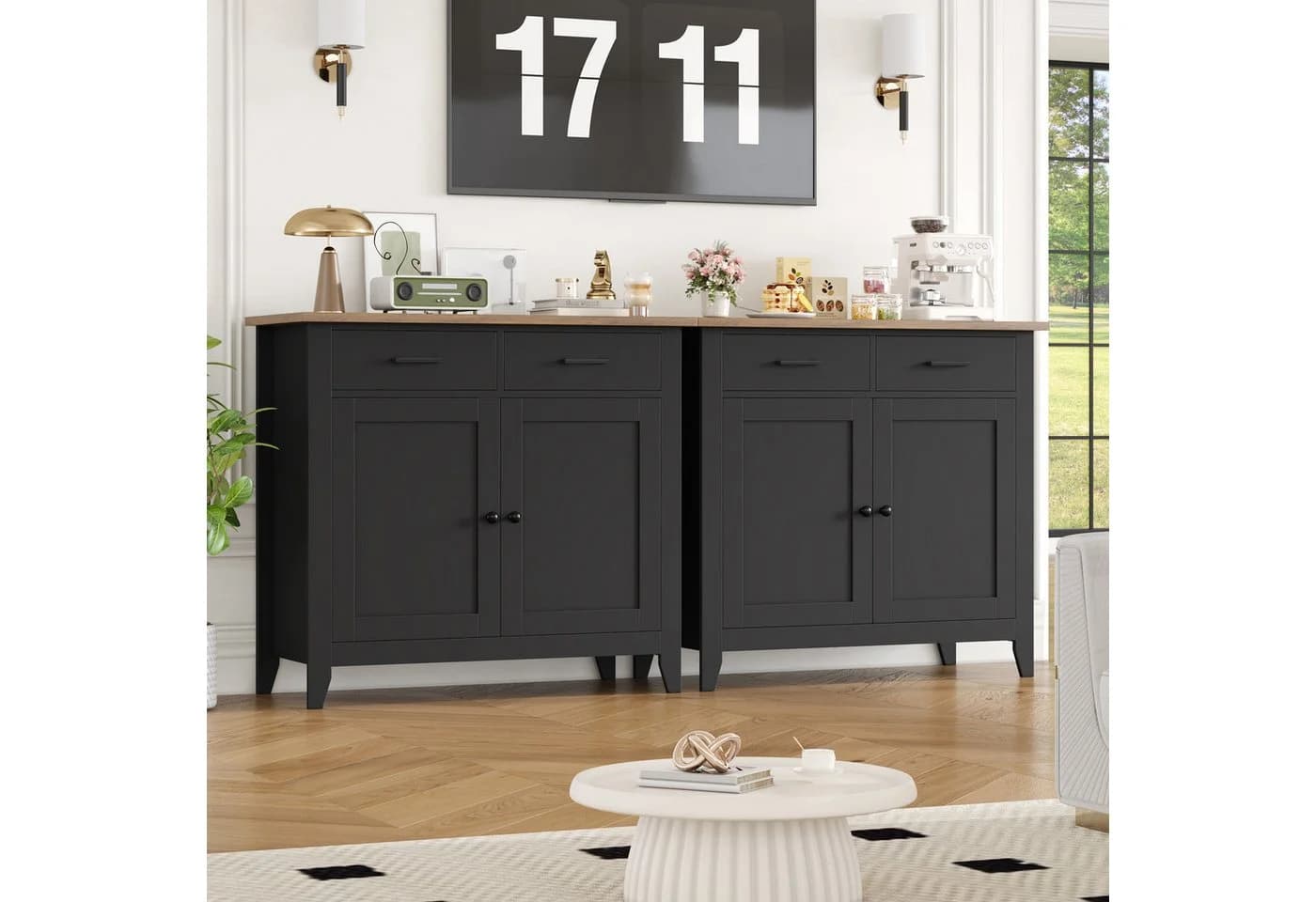 HOMECHO Sideboard Küchenschrank mit Arbeitsplatte 2 Schubladen Schwarz - Bild 5