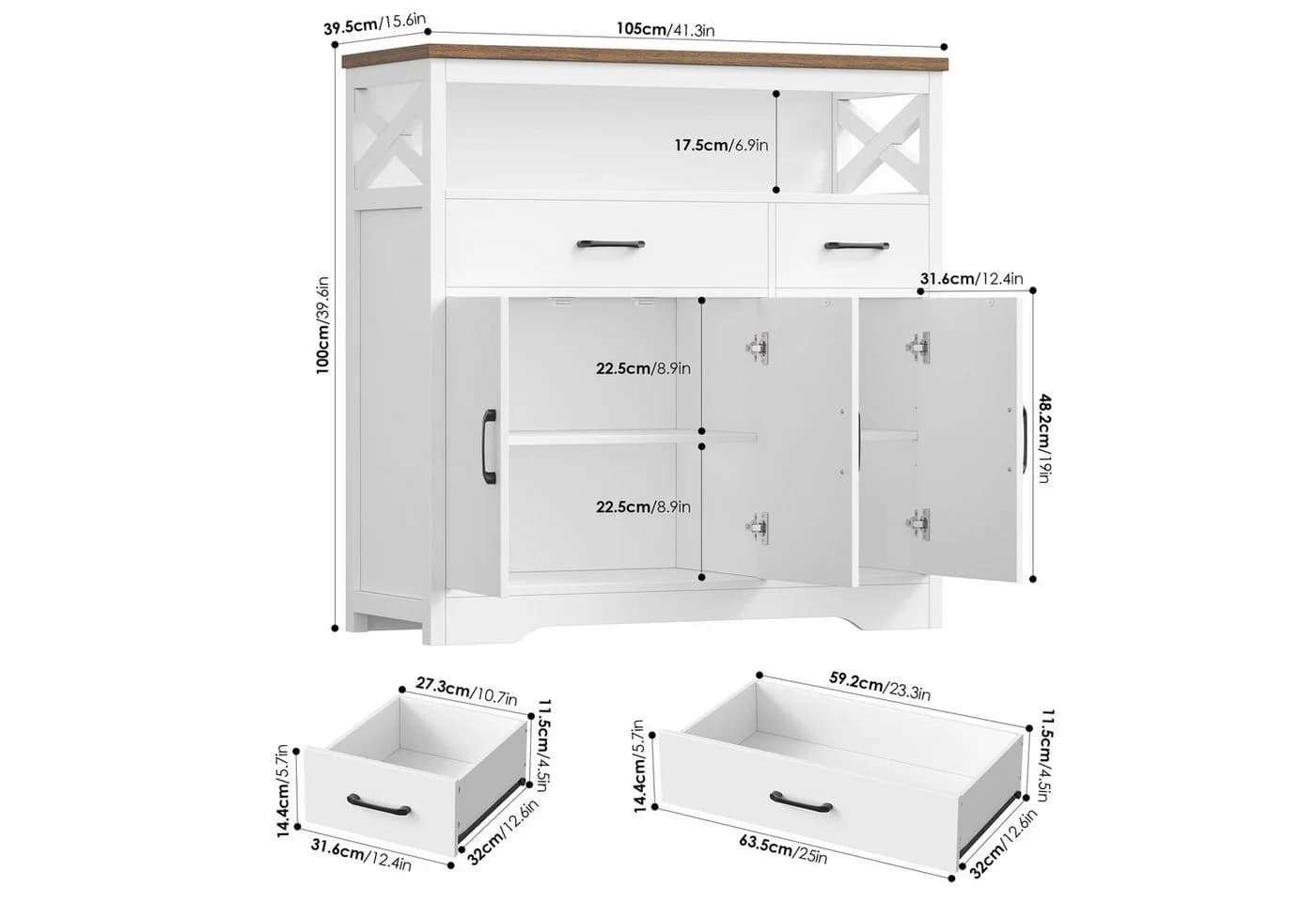 HOMECHO Sideboard Küchenschrank Weiß 2 Schubladen 3 Türen