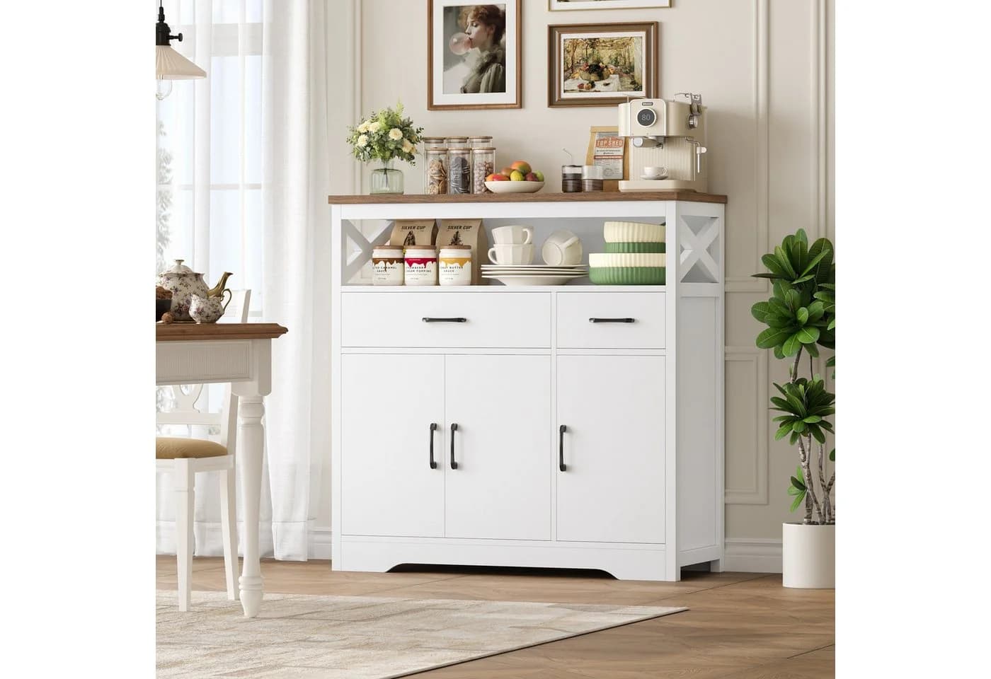 HOMECHO Sideboard Küchenschrank Weiß 2 Schubladen 3 Türen - Bild 2
