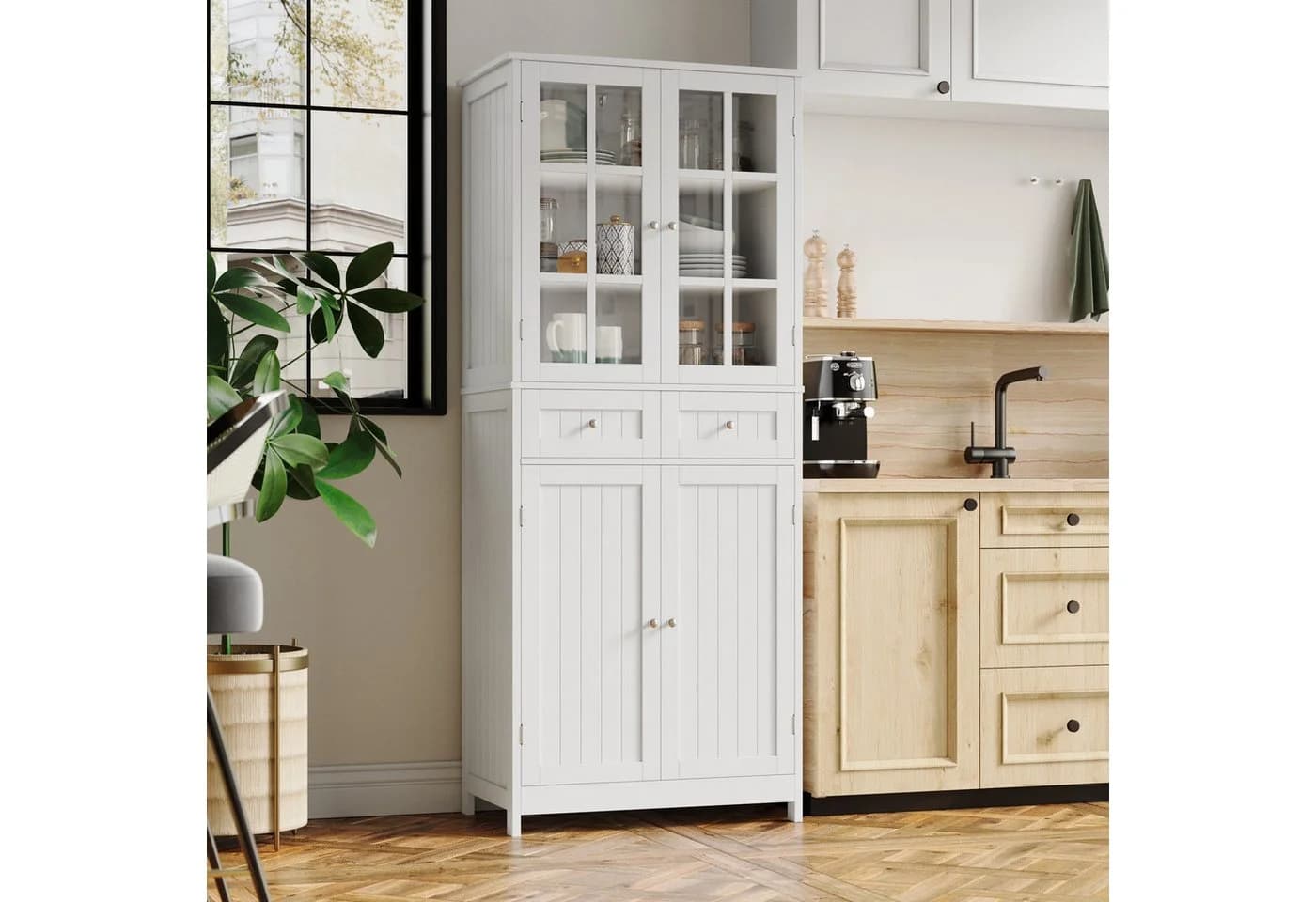 HOMECHO Hochschrank 180 cm Küchenschrank Weiß 4 Türen 2 Schubladen - Bild 2