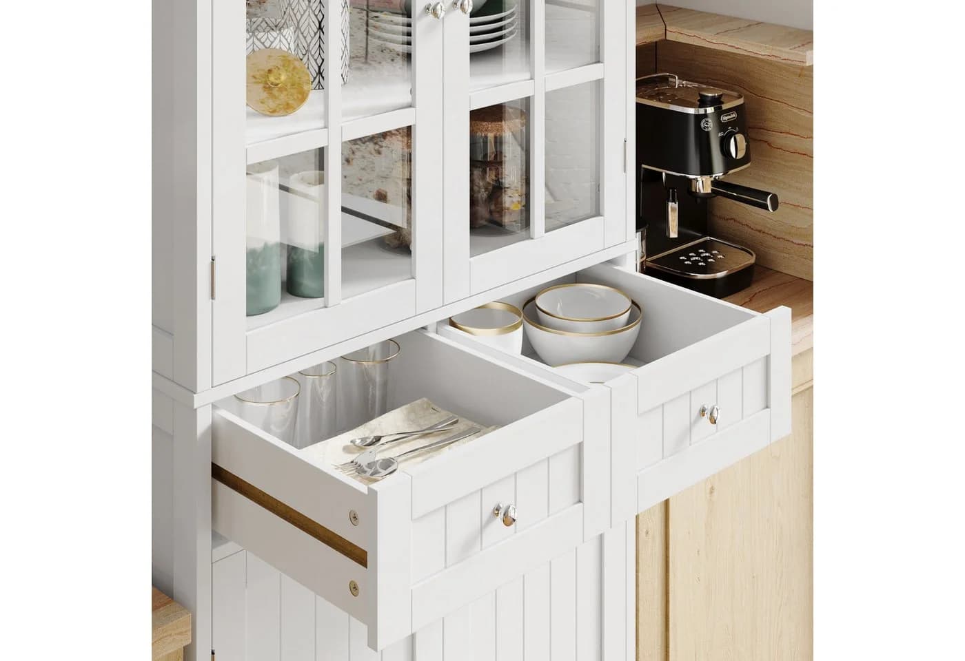 HOMECHO Hochschrank 180 cm Küchenschrank Weiß 4 Türen 2 Schubladen - Bild 4