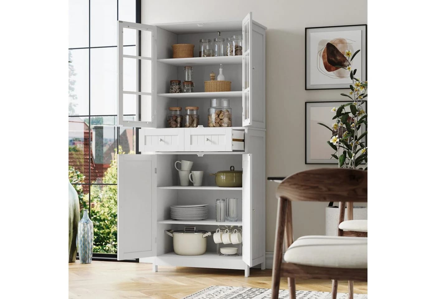 HOMECHO Hochschrank 180 cm Küchenschrank Weiß 4 Türen 2 Schubladen - Bild 5