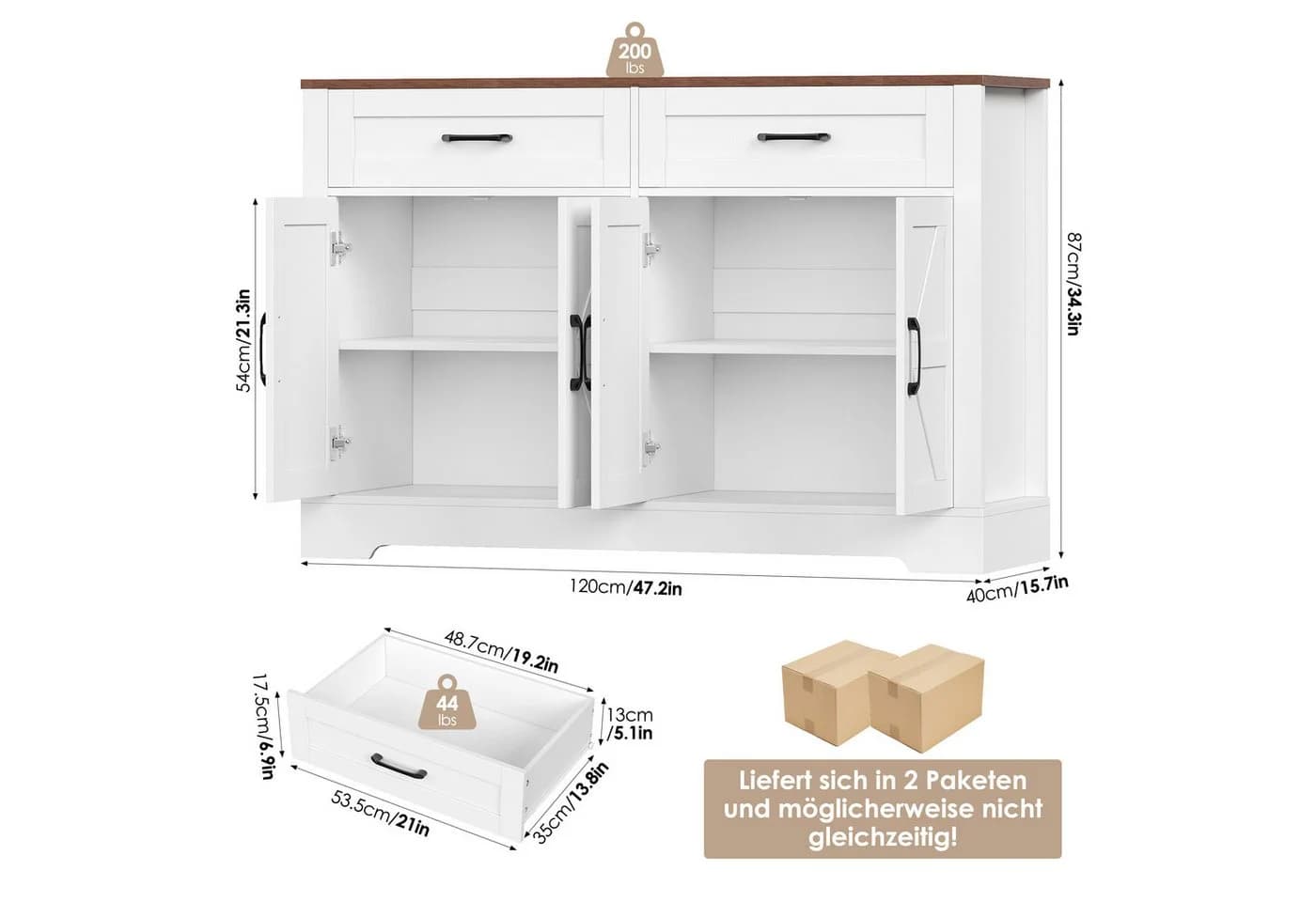 HOMECHO Buffet 120cm Küchenschrank mit 2 Schubladen 4 Türen Weiß/Braun