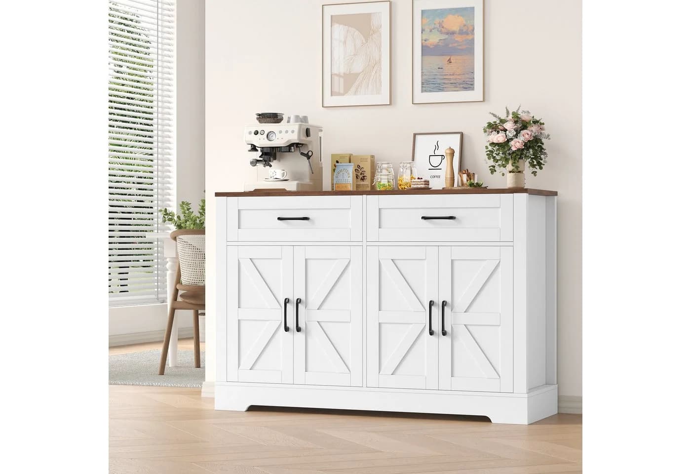 HOMECHO Buffet 120cm Küchenschrank mit 2 Schubladen 4 Türen Weiß/Braun - Bild 2