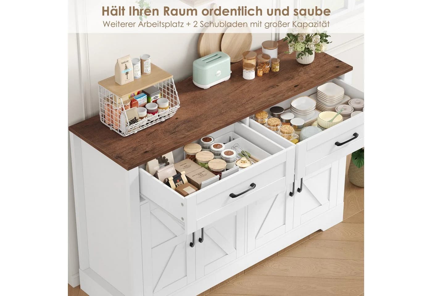 HOMECHO Buffet 120cm Küchenschrank mit 2 Schubladen 4 Türen Weiß/Braun - Bild 3