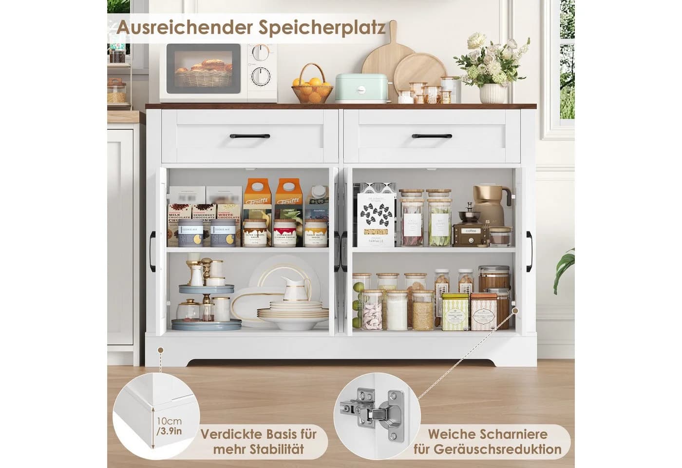 HOMECHO Buffet 120cm Küchenschrank mit 2 Schubladen 4 Türen Weiß/Braun - Bild 4