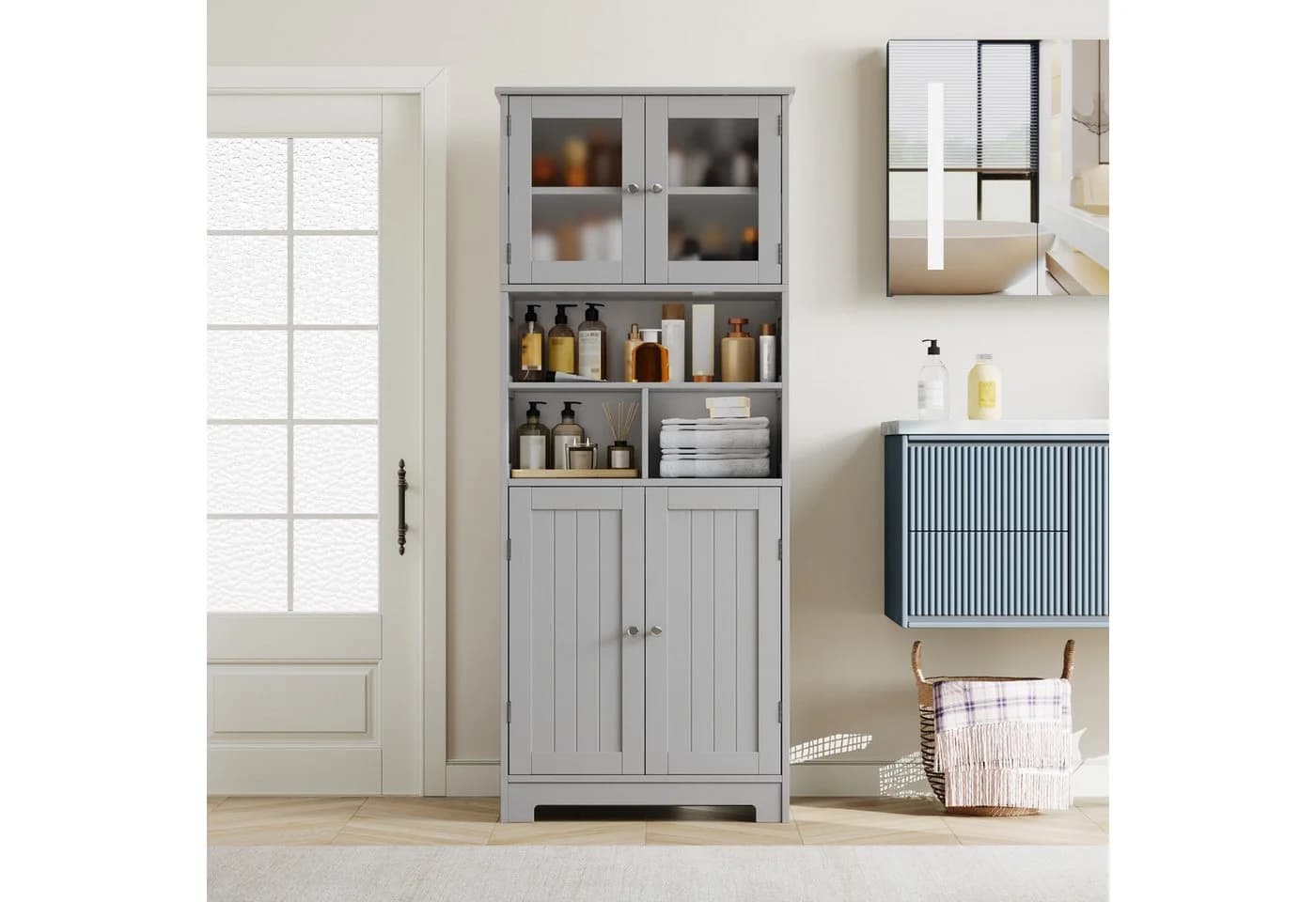 HOMECHO Hochschrank mit 3 Fächern und 4 Türen Weiß