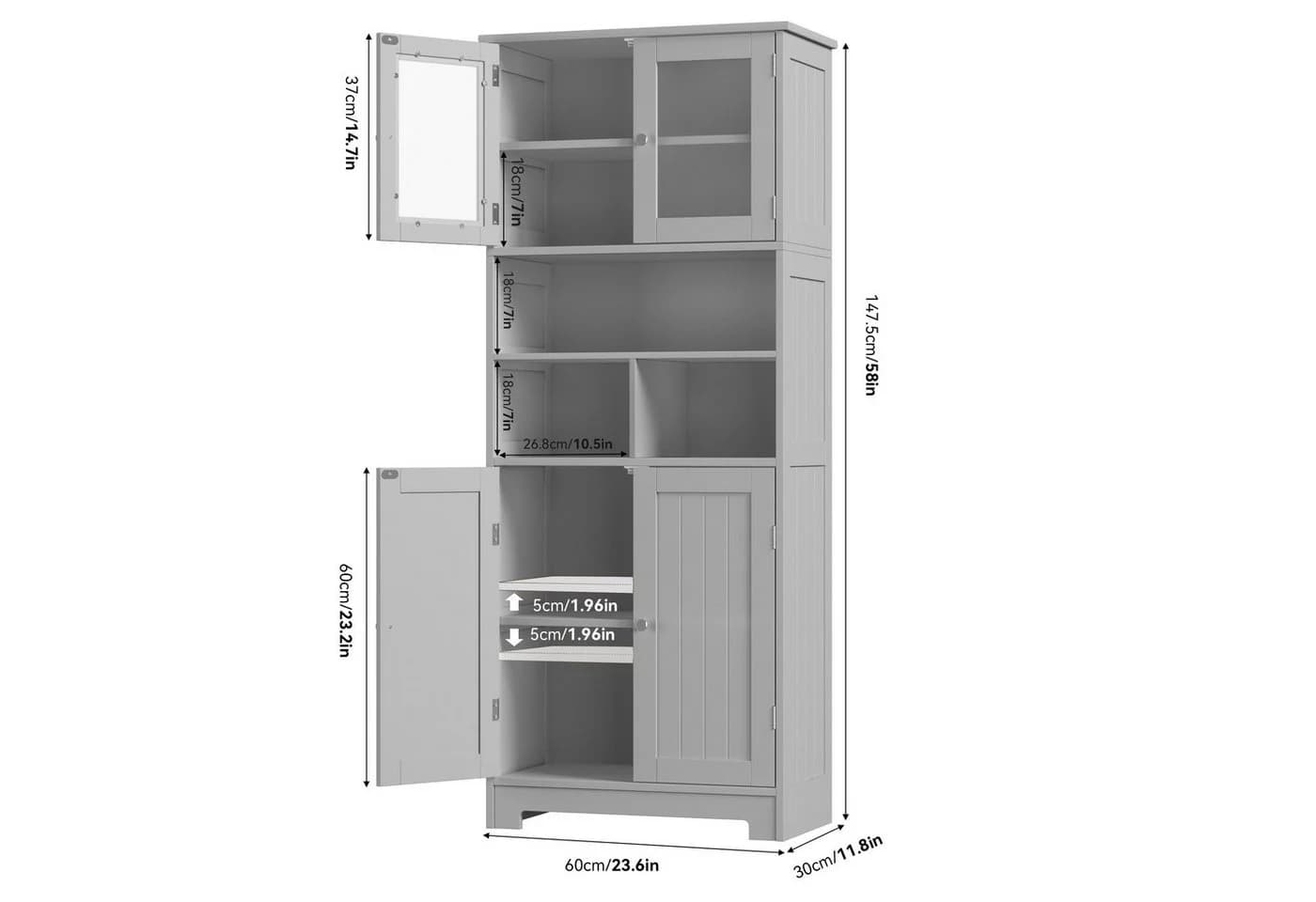 HOMECHO Hochschrank mit 3 Fächern und 4 Türen Weiß - Bild 3