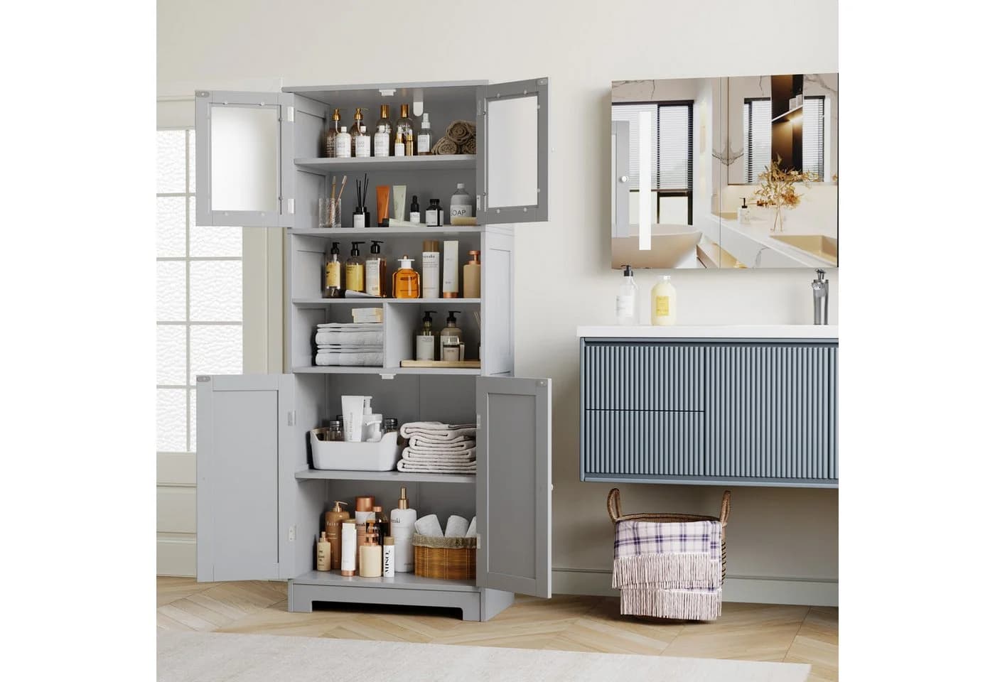 HOMECHO Hochschrank mit 3 Fächern und 4 Türen Weiß - Bild 4