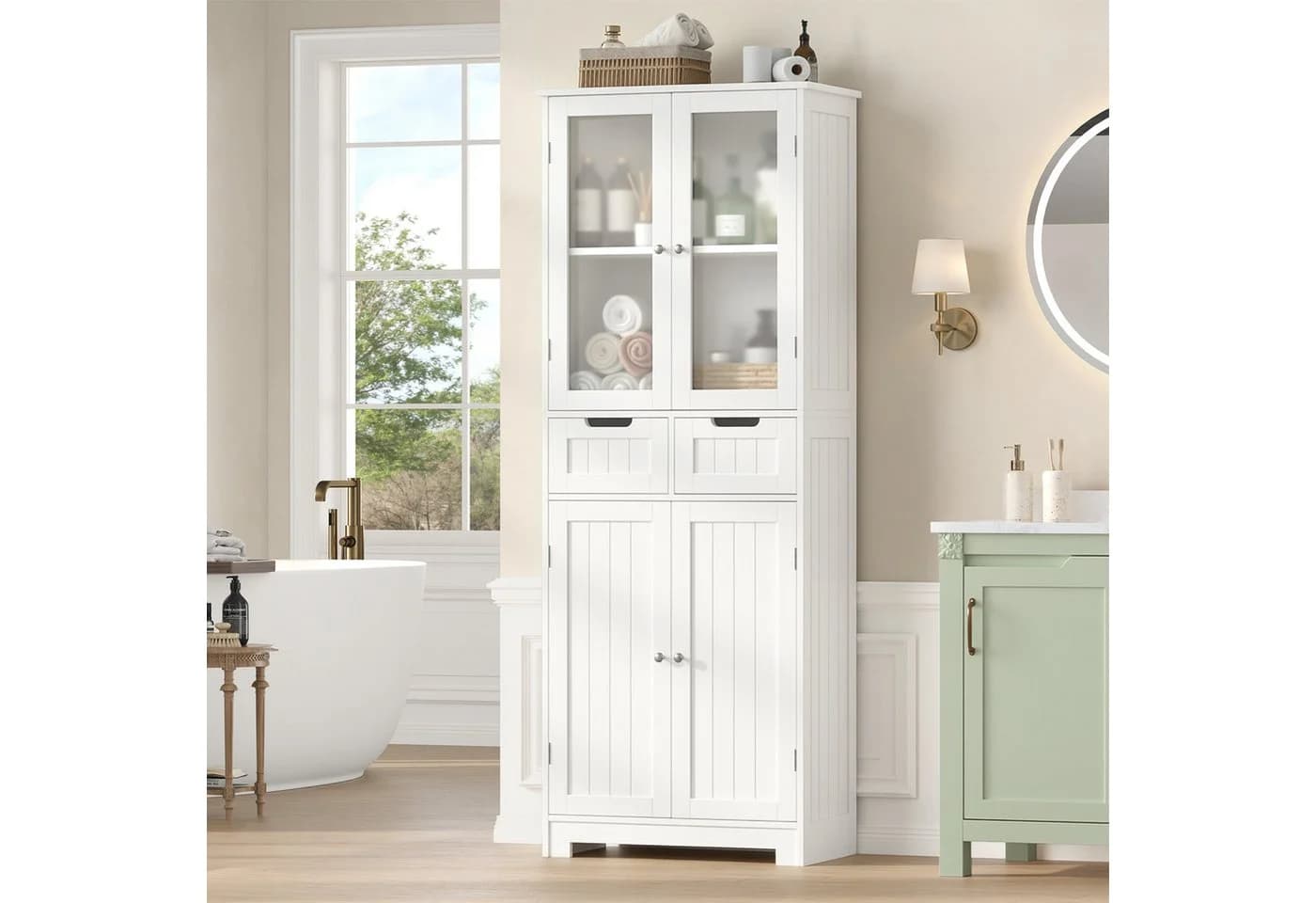 HOMECHO Hochschrank Badschrank 4 Türen 2 Schubladen Weiß - Bild 2