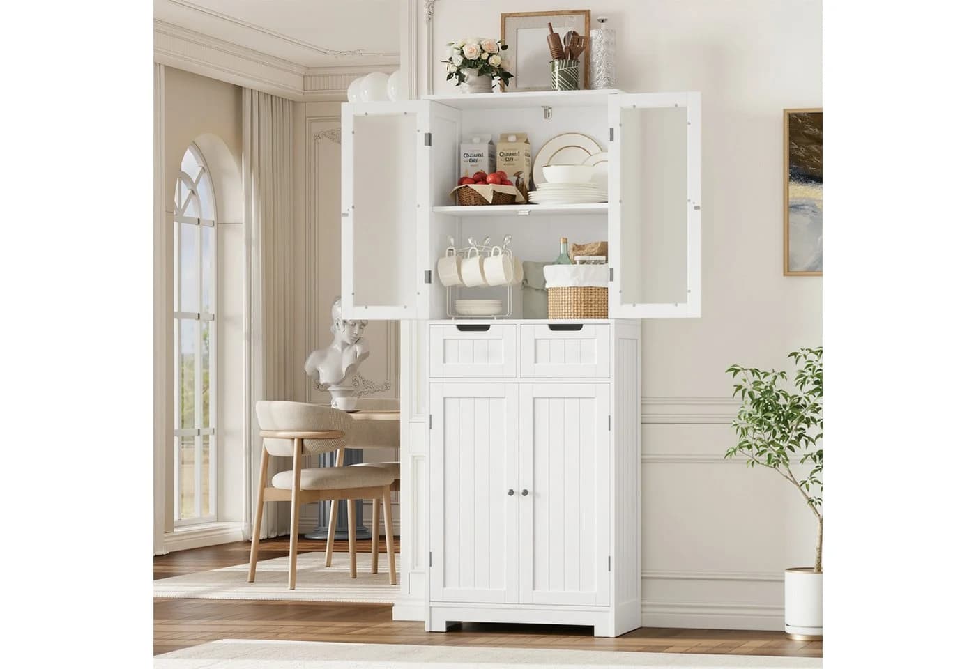 HOMECHO Hochschrank Badschrank 4 Türen 2 Schubladen Weiß - Bild 4