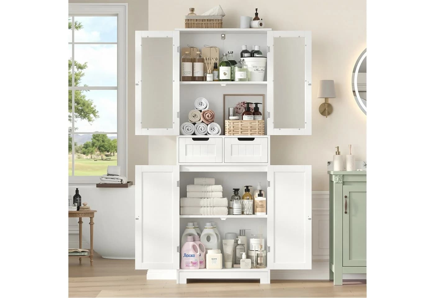 HOMECHO Hochschrank Badschrank 4 Türen 2 Schubladen Weiß - Bild 5