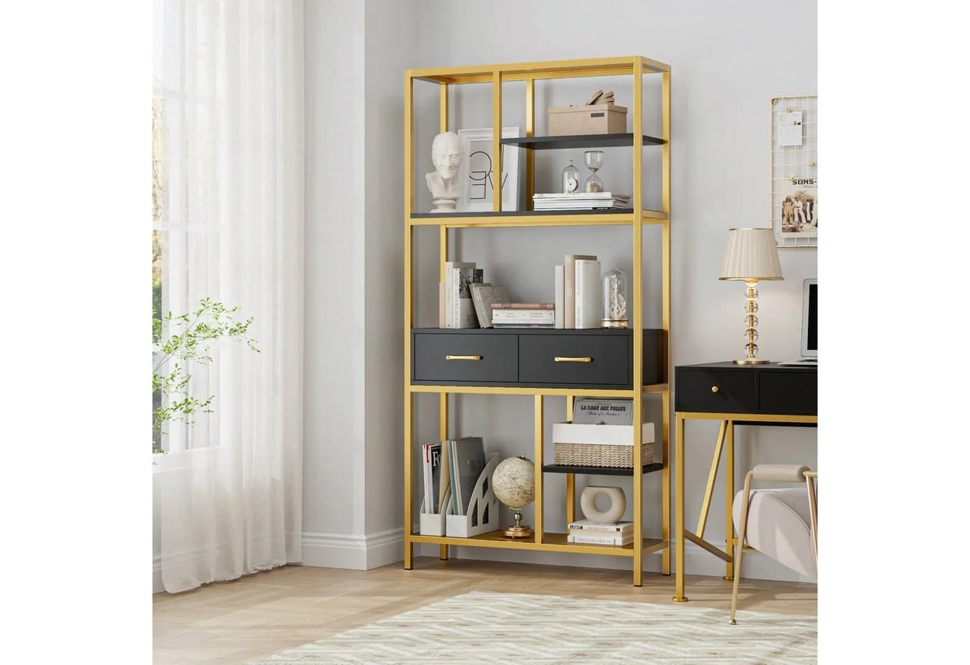 HOMECHO Bücherregal 5 Ebenen 2 Schubladen Standregal Holz Schwarz