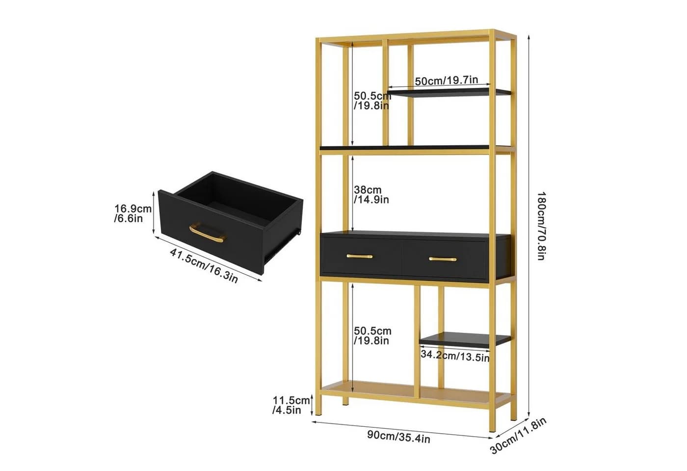 HOMECHO Bücherregal 5 Ebenen 2 Schubladen Standregal Holz Schwarz - Bild 3
