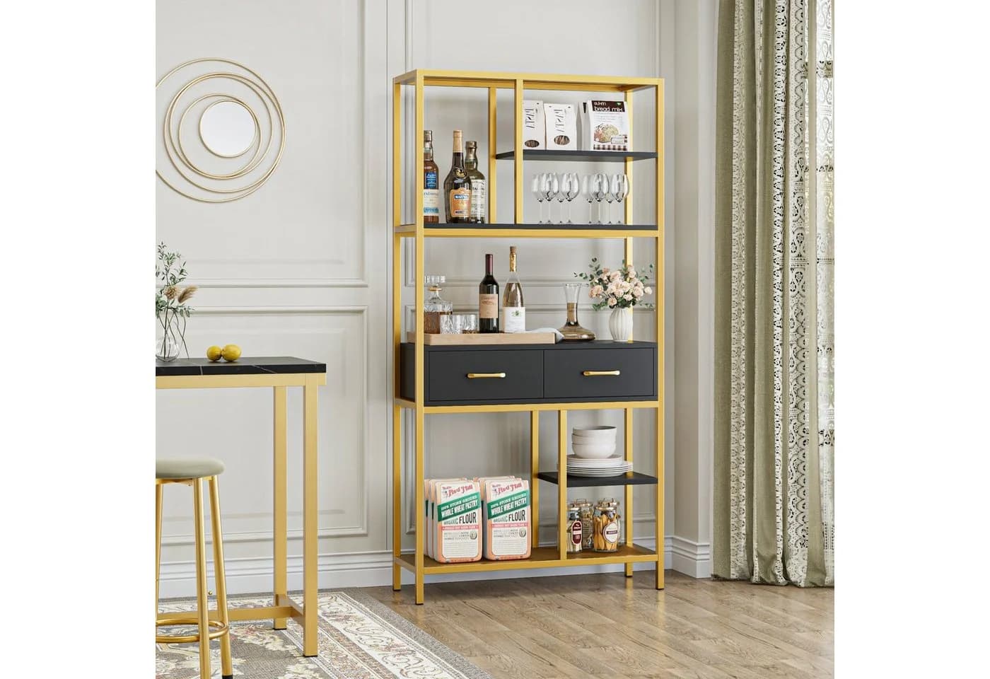HOMECHO Bücherregal 5 Ebenen 2 Schubladen Standregal Holz Schwarz - Bild 5