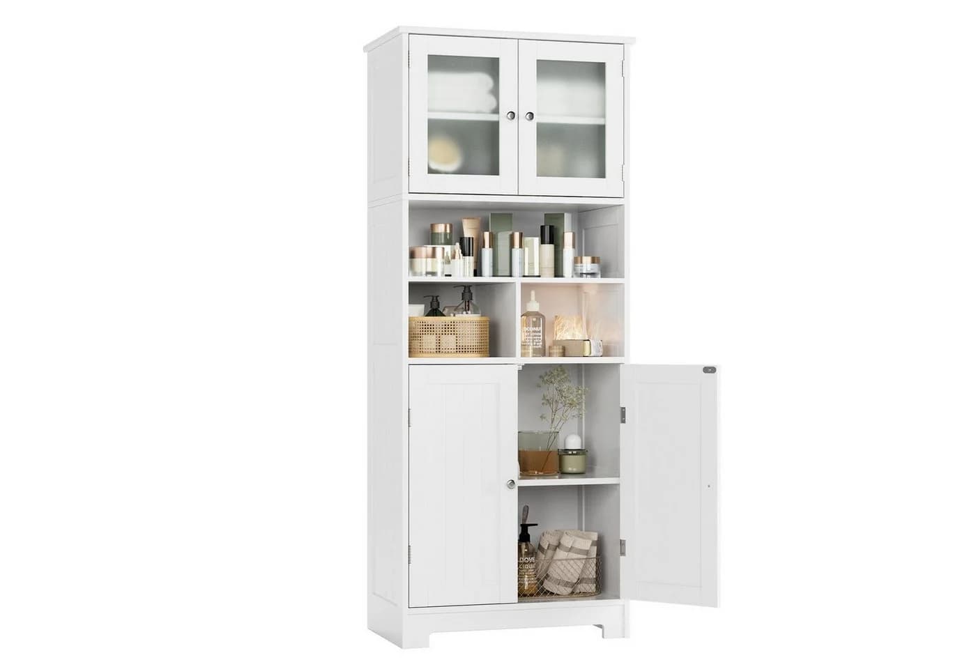 HOMECHO Hochschrank Badezimmerschrank Badschrank 3 Fächer 4 Türen Weiß - Bild 2