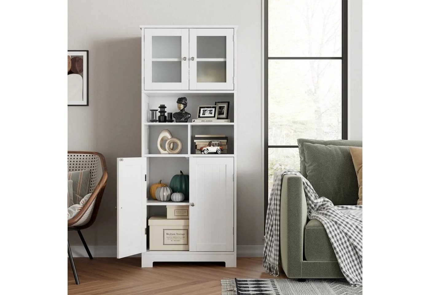HOMECHO Hochschrank Badezimmerschrank Badschrank 3 Fächer 4 Türen Weiß - Bild 3