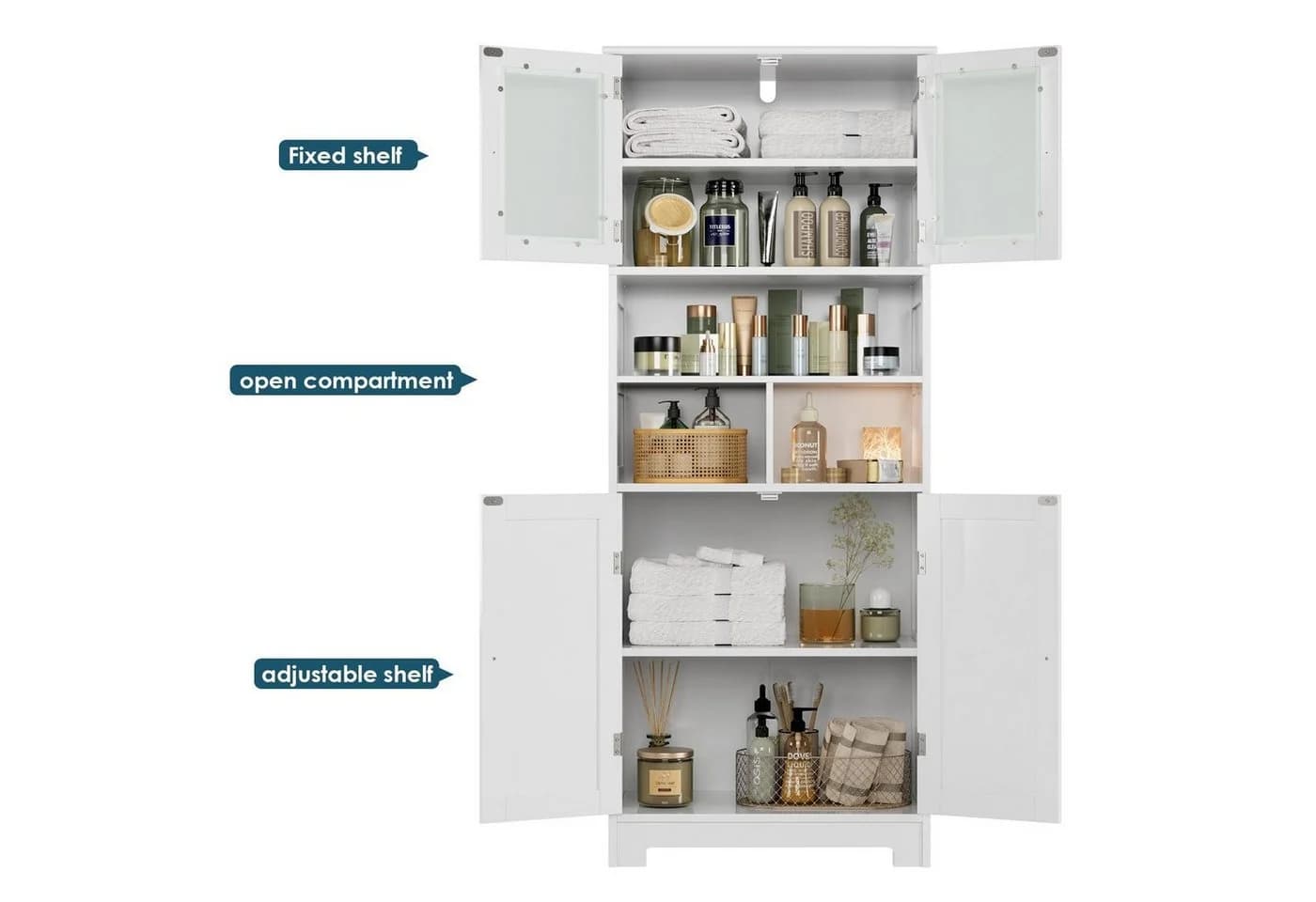 HOMECHO Hochschrank Badezimmerschrank Badschrank 3 Fächer 4 Türen Weiß - Bild 4