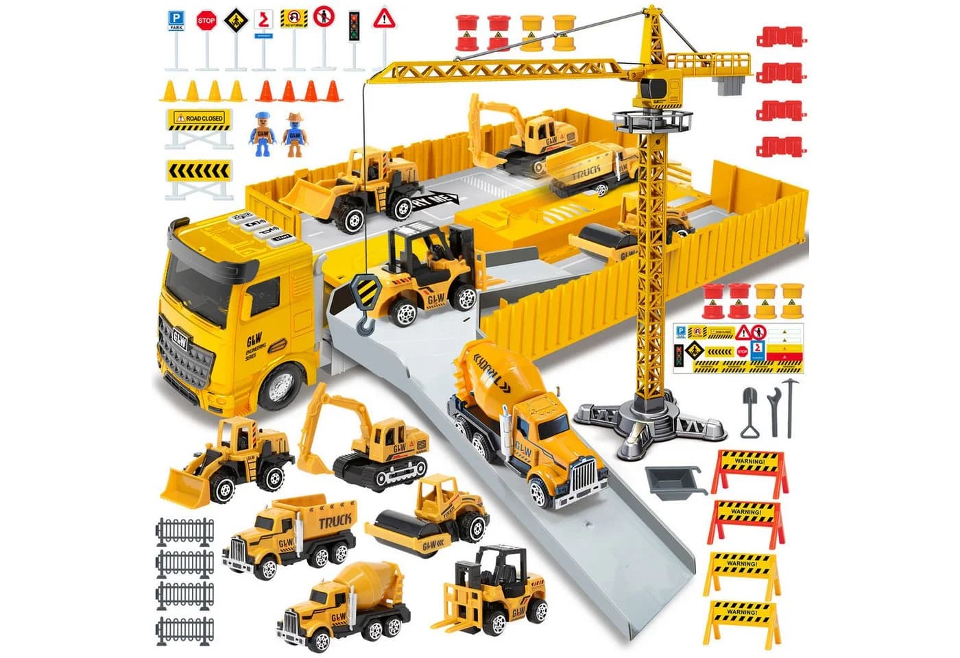Wootoy 7-tlg. Baustellen-Spielset mit Transport-LKW, Kran & Licht-Soundeffekte - Bild 2