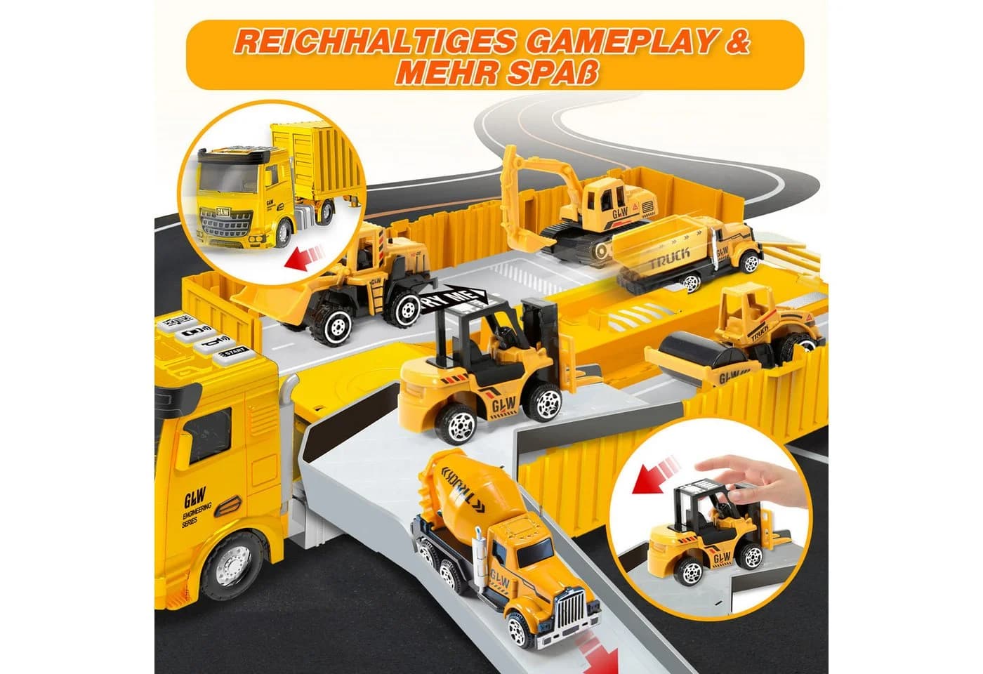 Wootoy 7-tlg. Baustellen-Spielset mit Transport-LKW, Kran & Licht-Soundeffekte - Bild 4