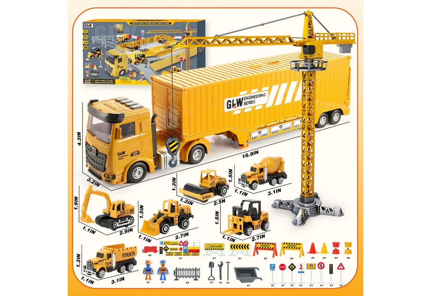 Wootoy 7-tlg. Baustellen-Spielset mit Transport-LKW, Kran & Licht-Soundeffekte - Bild 5