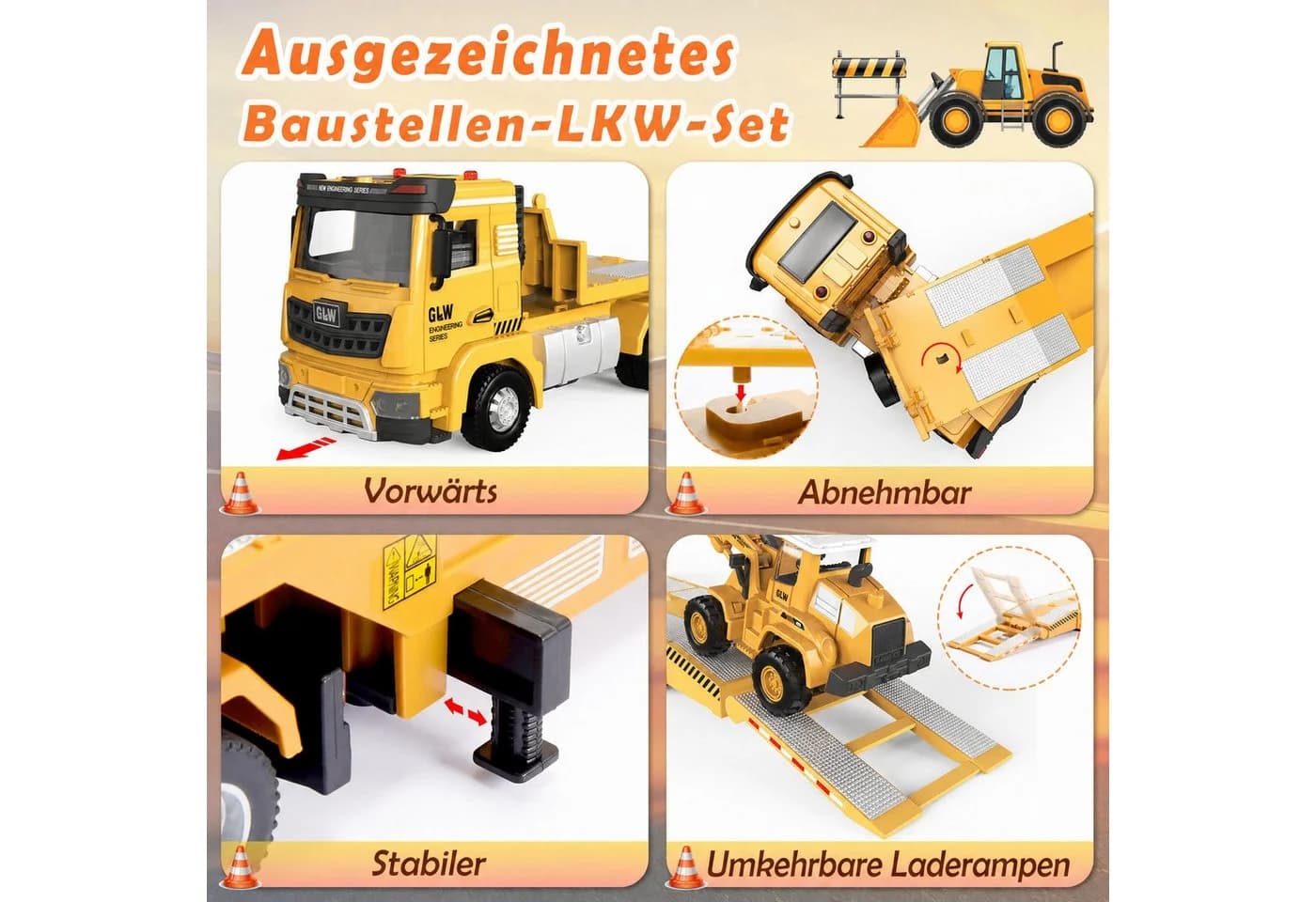 Wootoy Baufahrzeug-Set 3-tlg. Bagger, Bulldozer & Sattelzug mit Licht & Sound - Bild 4
