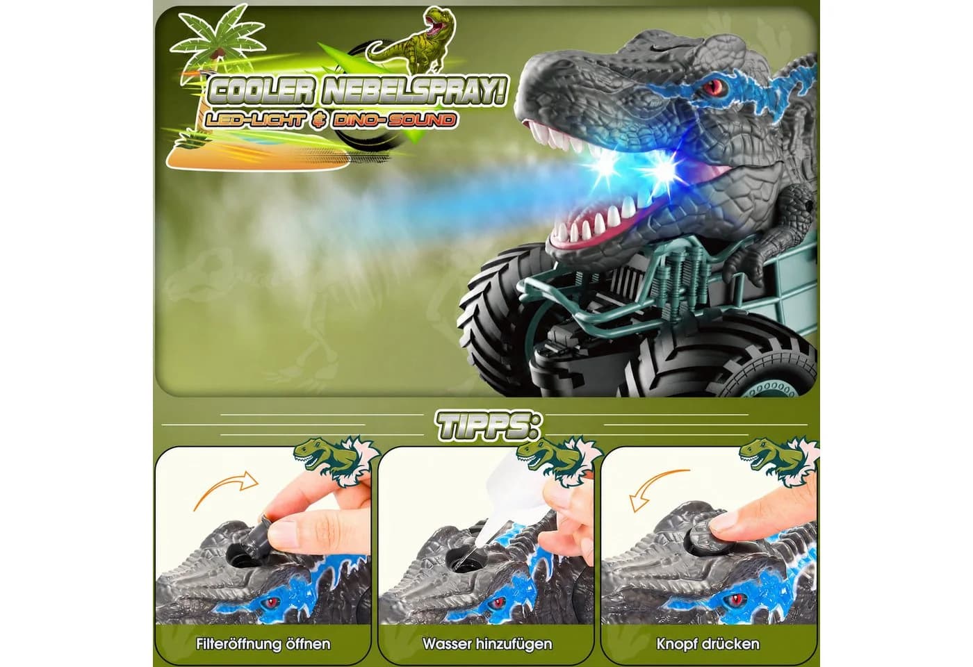 Wootoy RC Dinosaurier Monster Truck mit Sound, Licht & Wassersprühfunktion